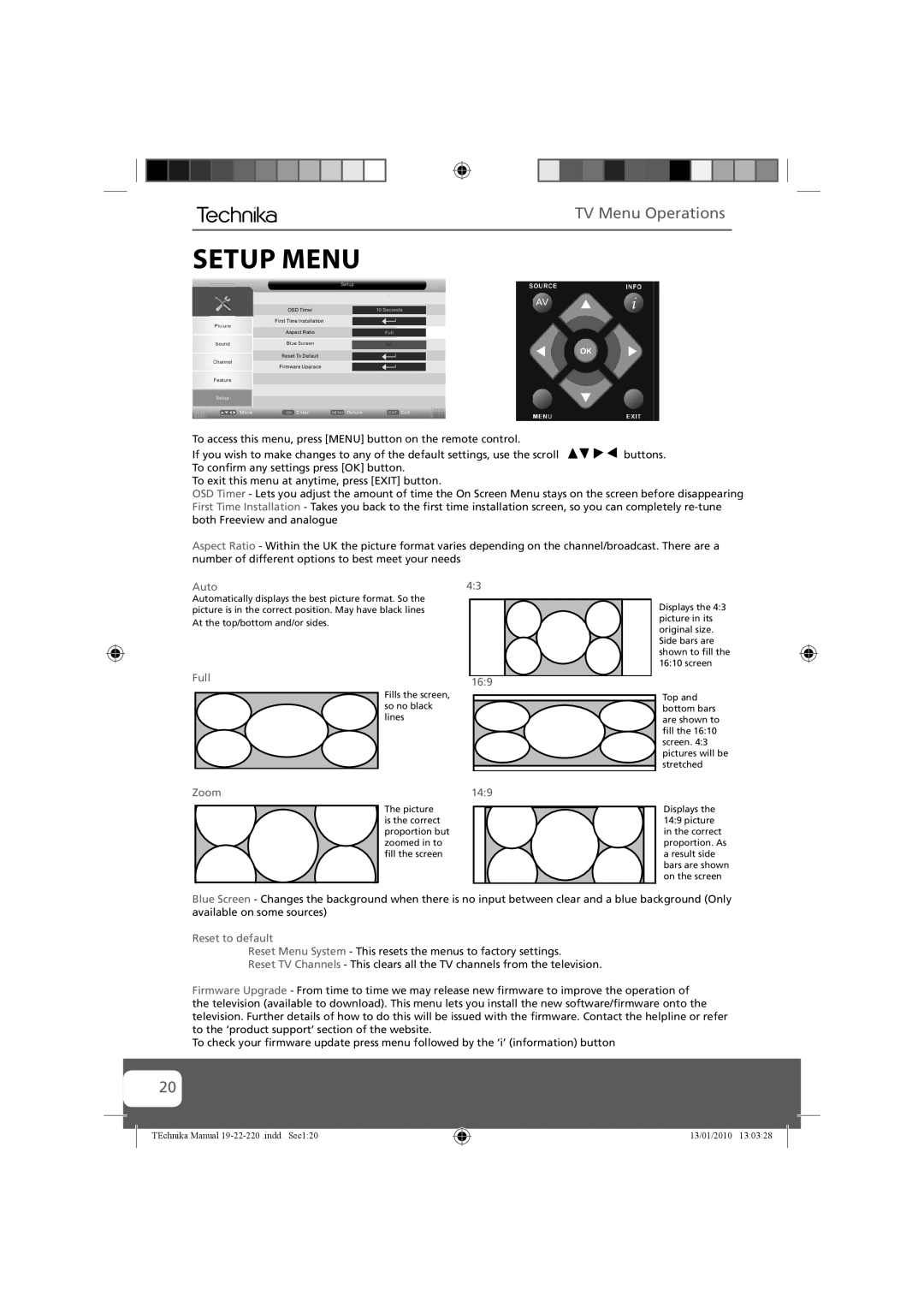 Technika 22-220, 19-220 manual Setup Menu, TV Menu Operations 