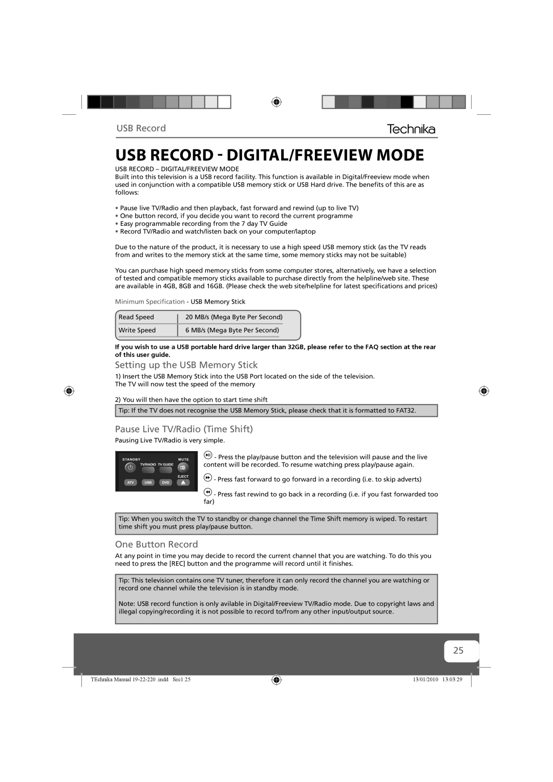 Technika 19-220, 22-220 USB Record DIGITAL/FREEVIEW Mode, Setting up the USB Memory Stick, Pause Live TV/Radio Time Shift 