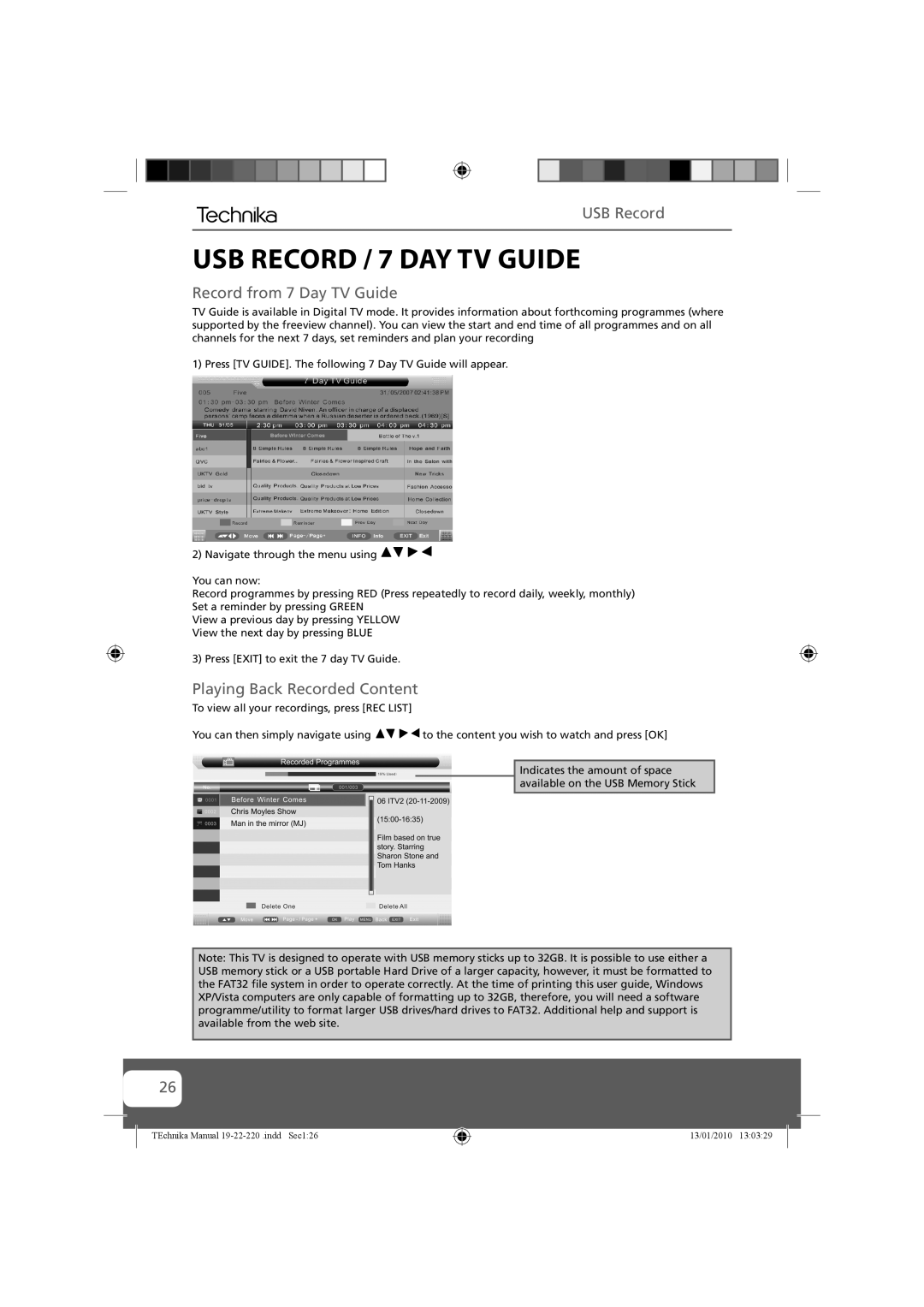 Technika 22-220, 19-220 manual USB Record / 7 DAY TV Guide, Record from 7 Day TV Guide, Playing Back Recorded Content 