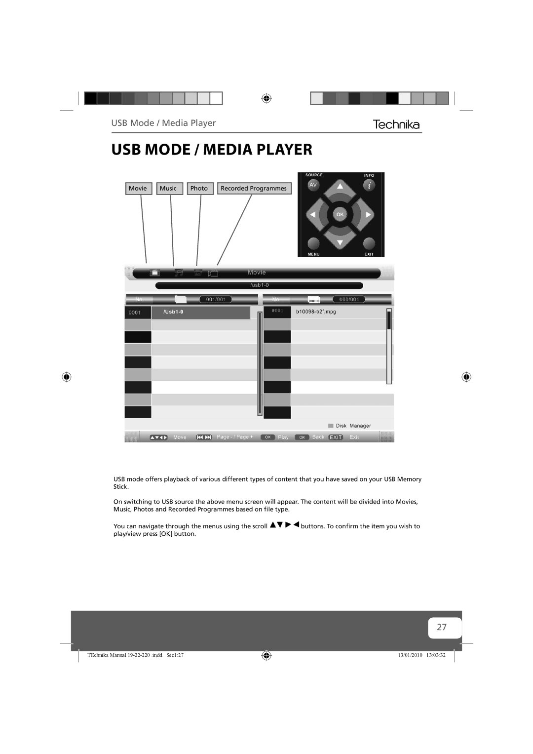 Technika 19-220, 22-220 manual USB Mode / Media Player 