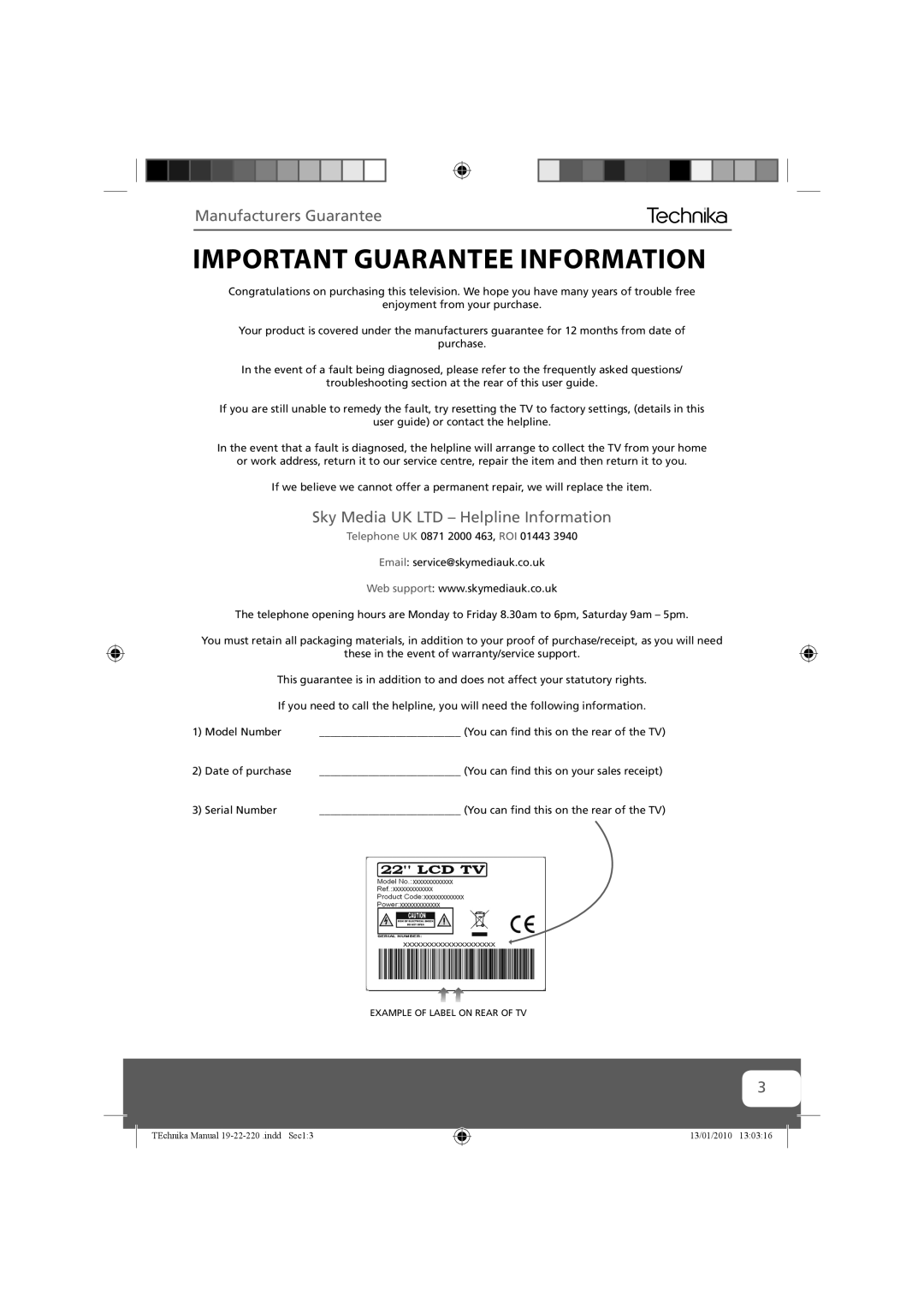 Technika 19-220, 22-220 manual Important Guarantee Information, Manufacturers Guarantee 