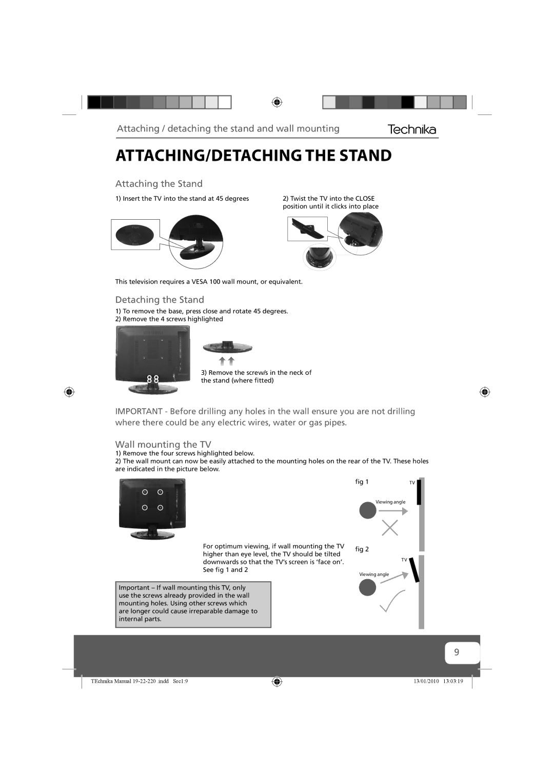 Technika 19-220 ATTACHING/DETACHING the Stand, Attaching / detaching the stand and wall mounting, Attaching the Stand 