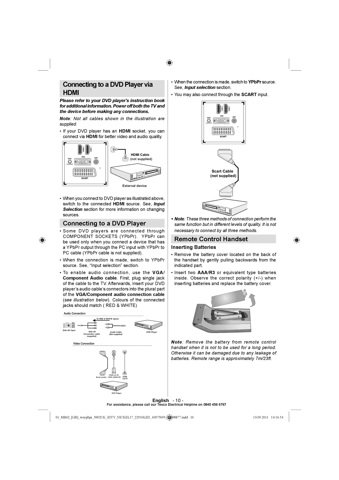 Technika 22-880 operating instructions Connecting to a DVD Player via, Remote Control Handset, Inserting Batteries 