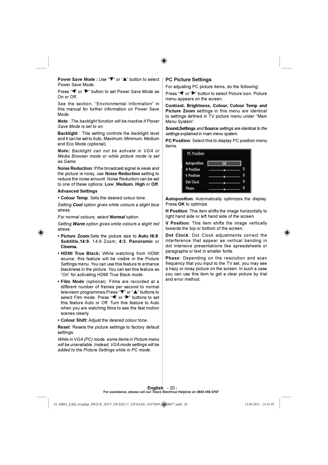 Technika 22-880 operating instructions PC Picture Settings, Advanced Settings, Cinema 