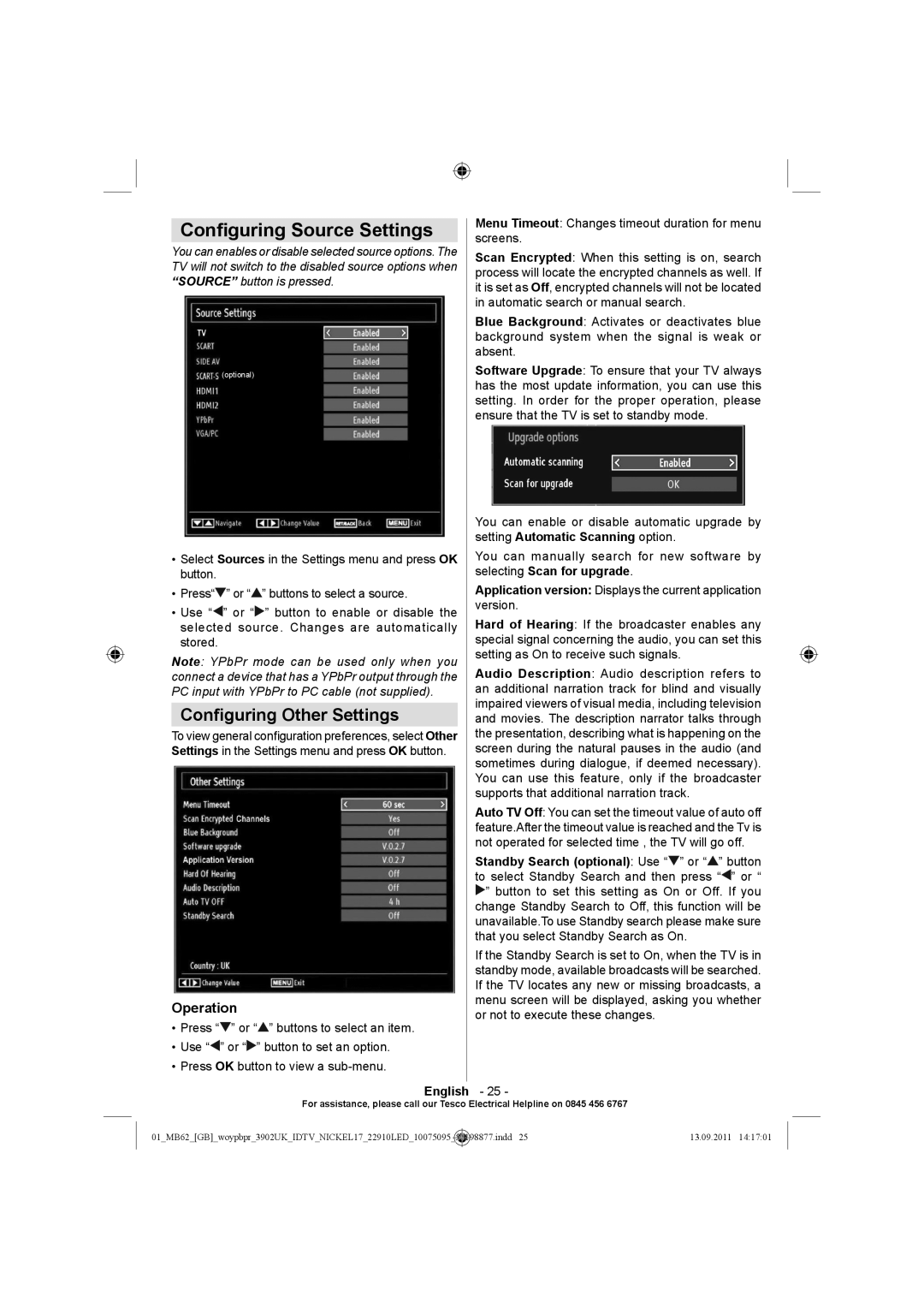 Technika 22-880 operating instructions Conﬁguring Source Settings, Conﬁguring Other Settings, Operation 