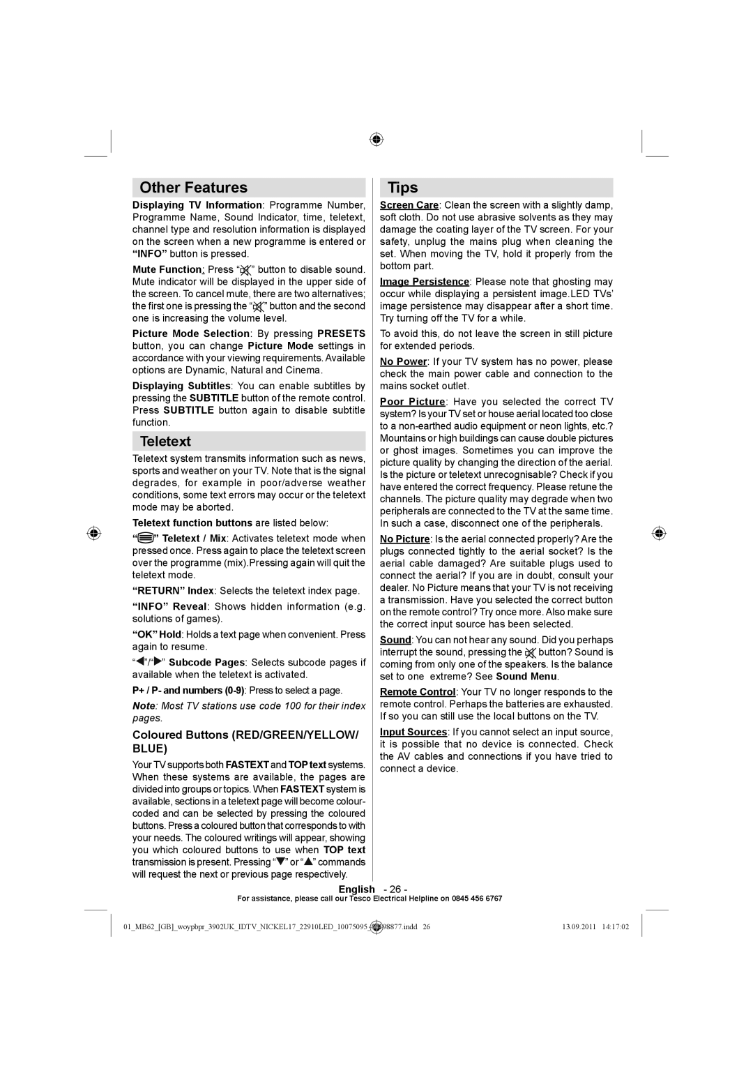 Technika 22-880 operating instructions Other Features, Tips, Teletext, Coloured Buttons RED/GREEN/YELLOW/ Blue 