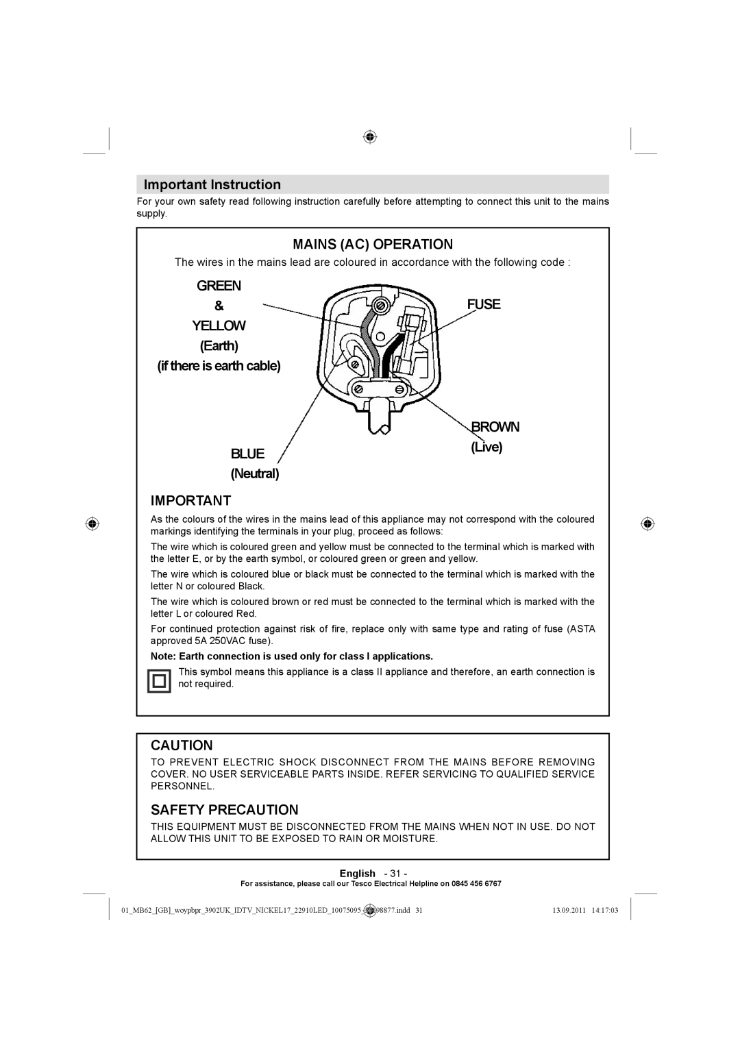 Technika 22-880 operating instructions Important Instruction, Earth If there is earth cable, Live, Neutral 