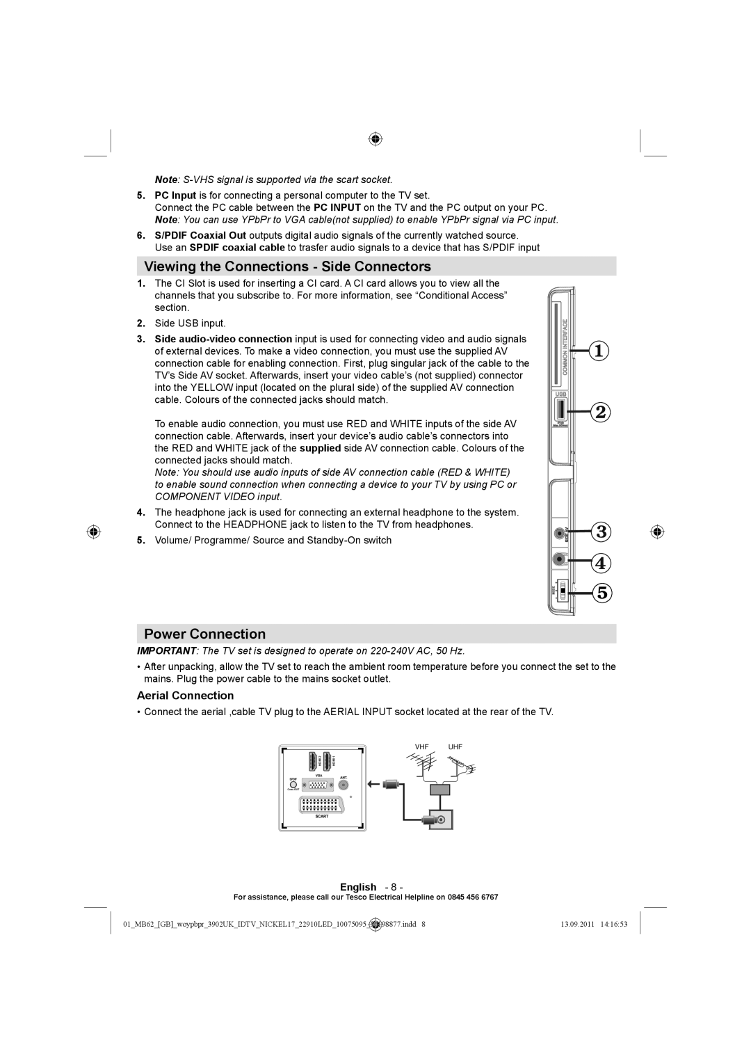 Technika 22-880 operating instructions Viewing the Connections Side Connectors, Power Connection, Aerial Connection 