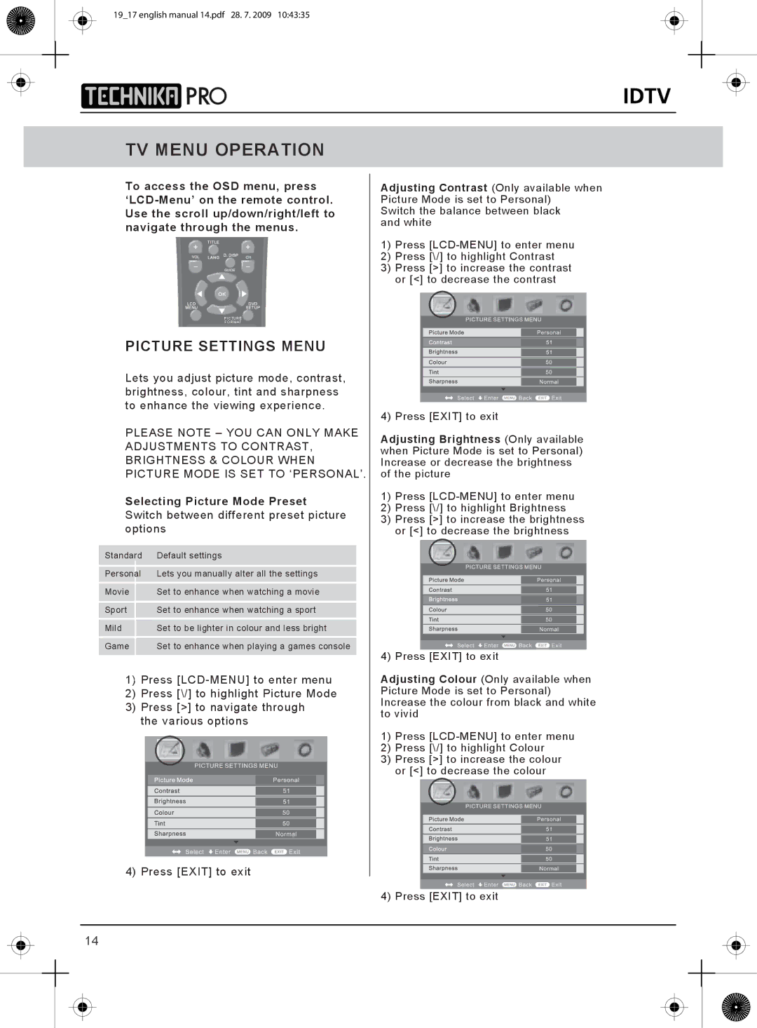 Technika 23-230 manual TV Menu Operation 