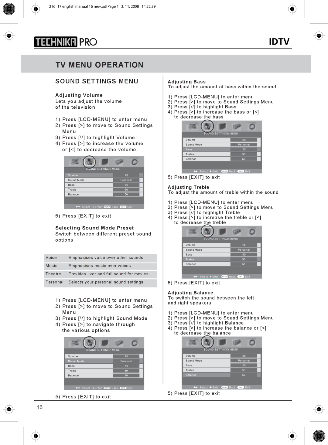 Technika 23-230 manual Sound Settings Menu 