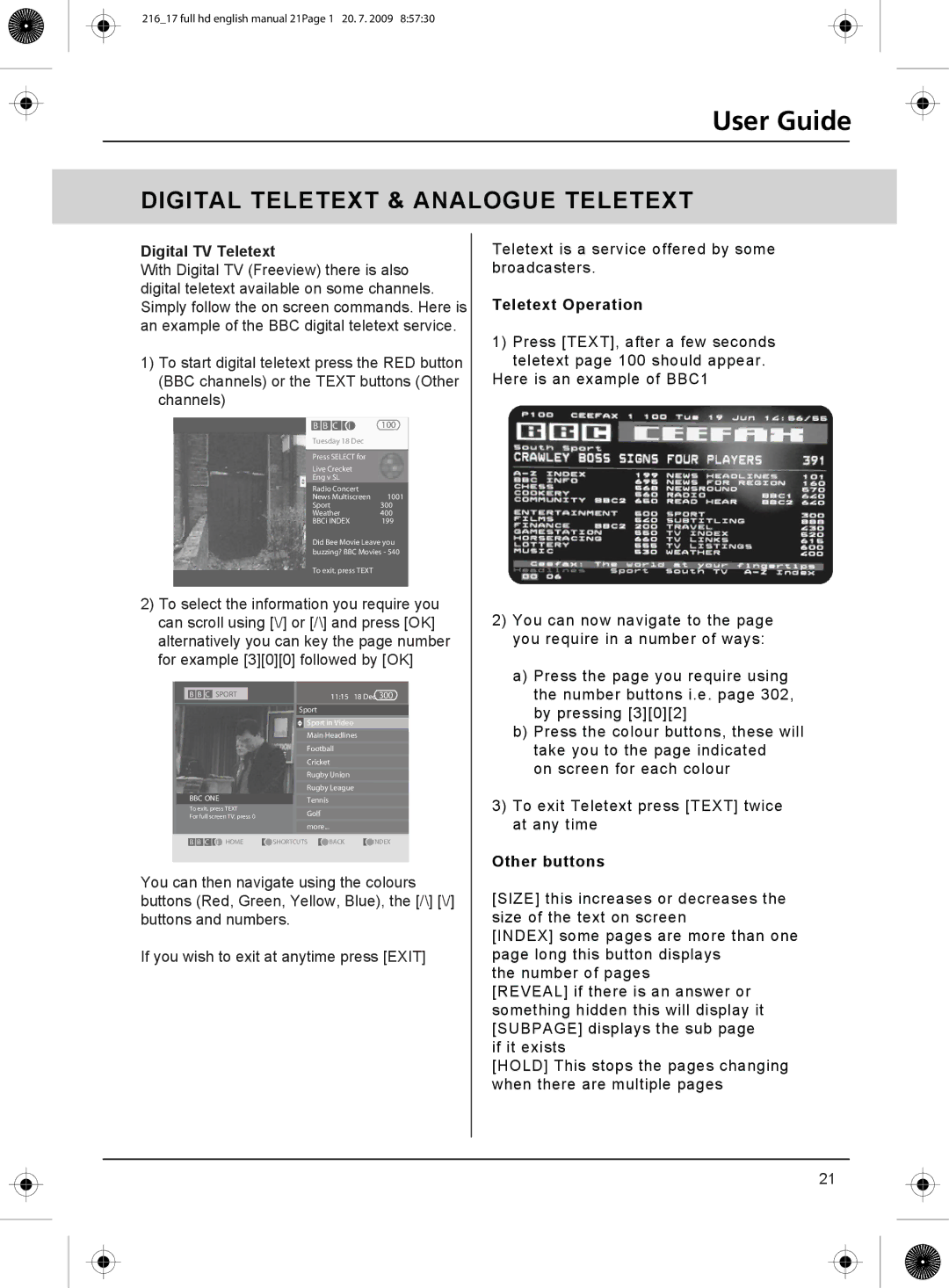 Technika 23-230 manual Digital Teletext & Analogue Teletext 