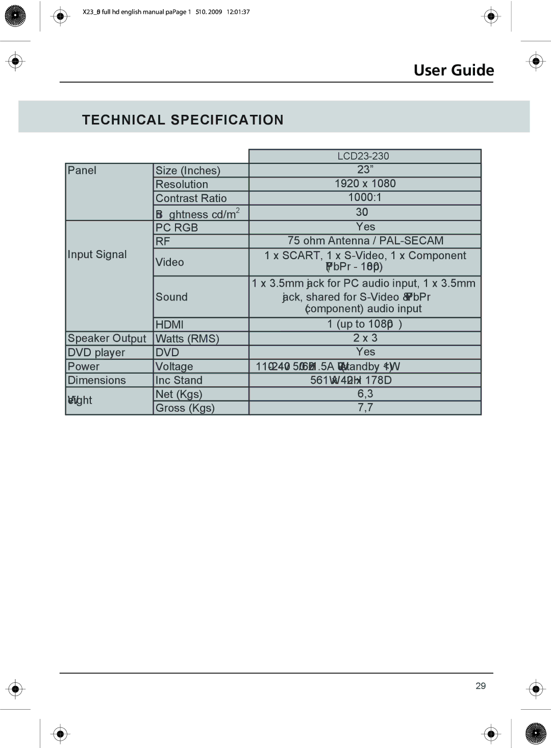 Technika 23-230 manual Technical Specification 