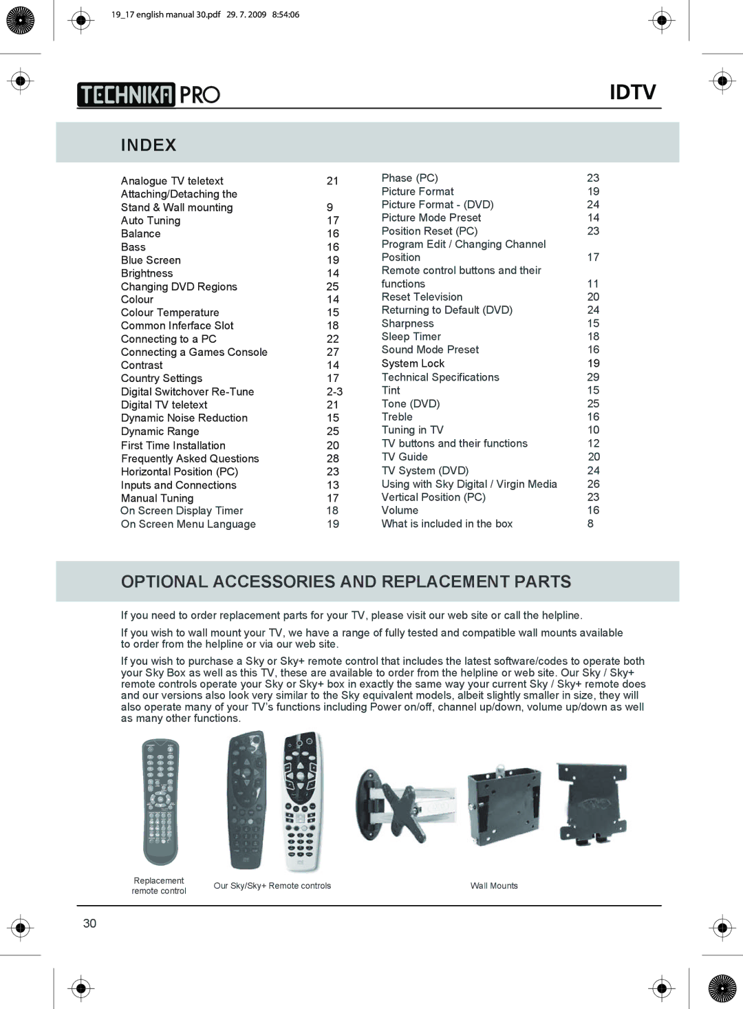 Technika 23-230 manual Optional Accessories and Replacement Parts 