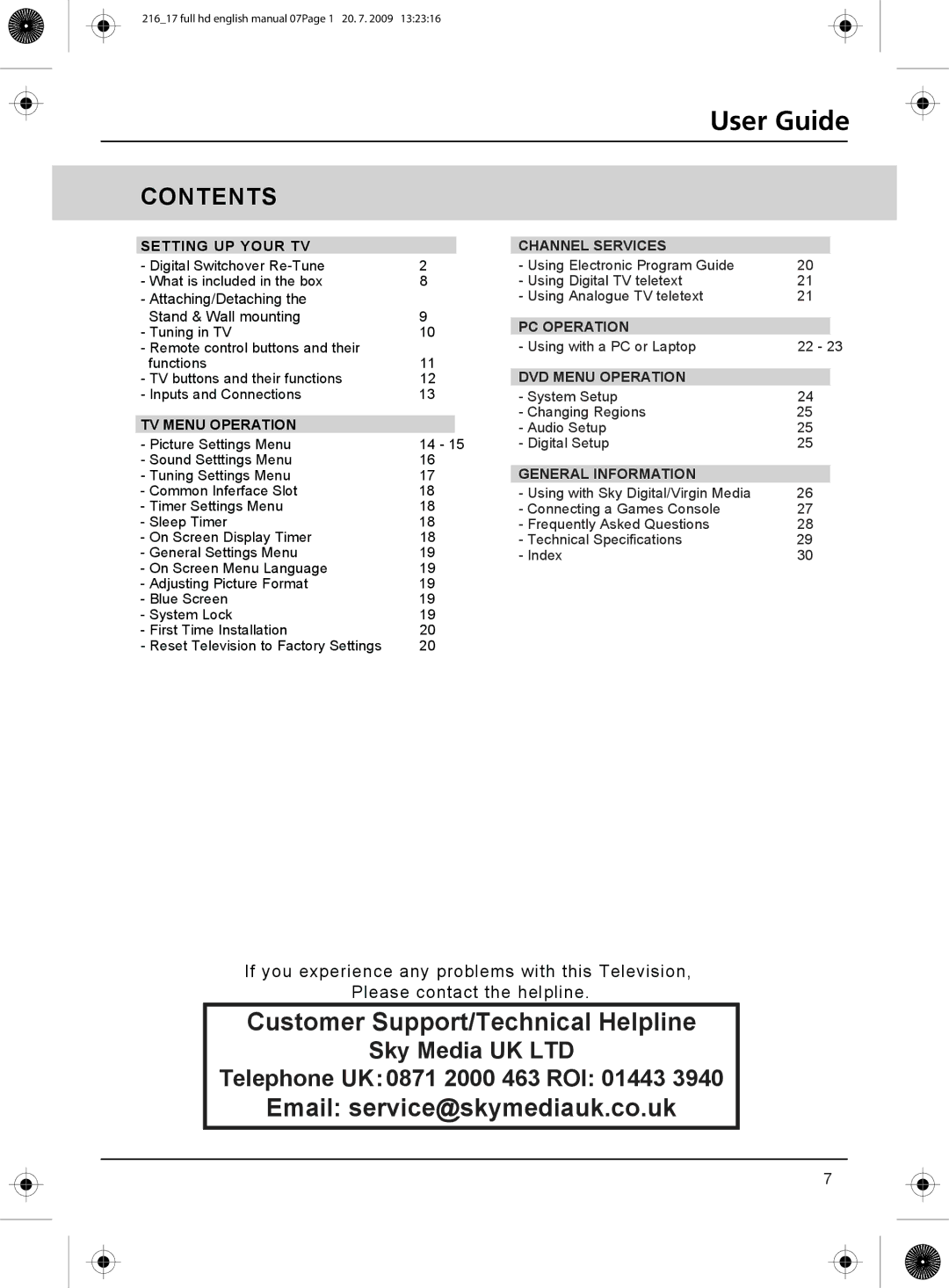 Technika 23-230 manual Customer Support/Technical Helpline 