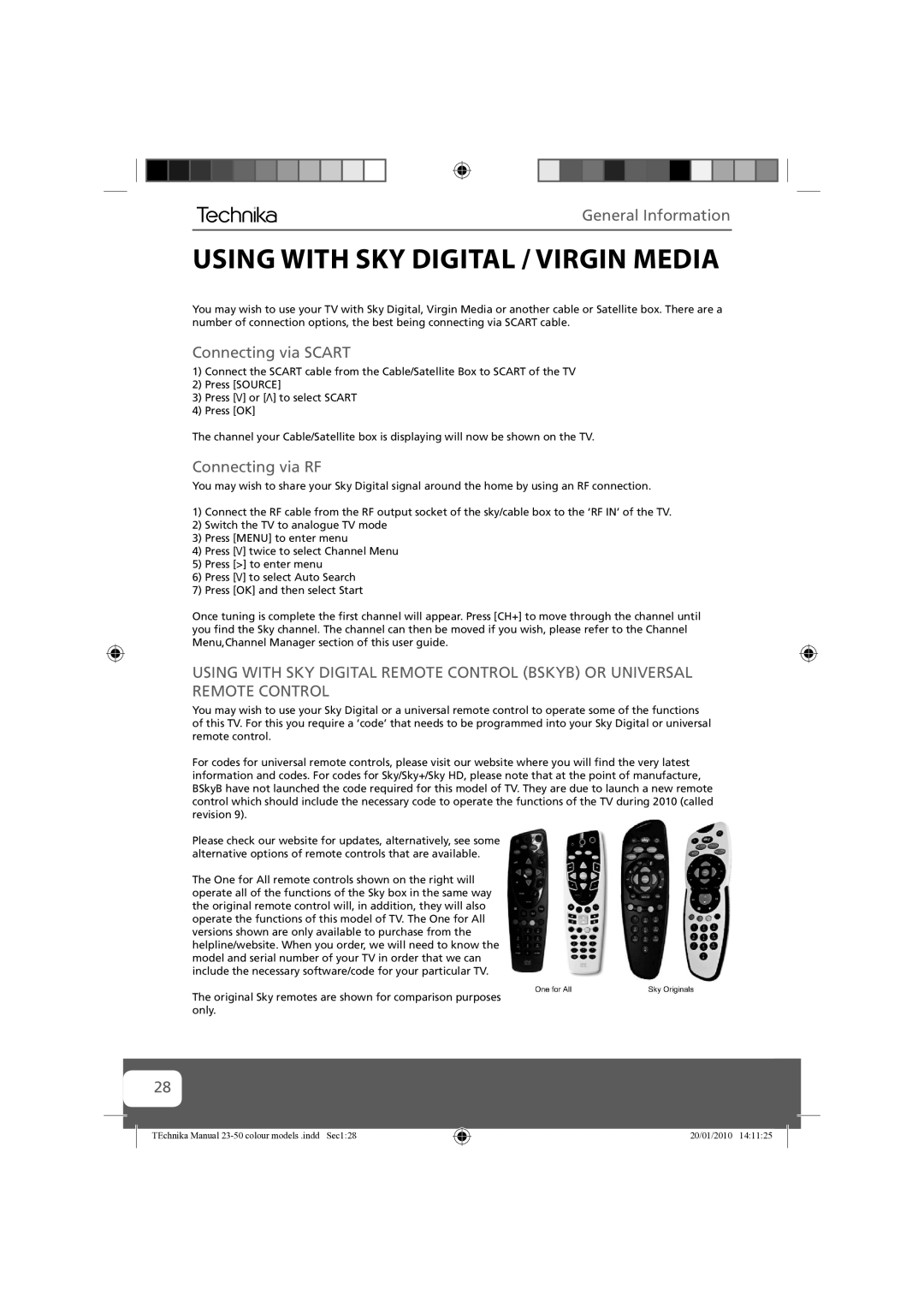 Technika 23-231-BB Using with SKY Digital / Virgin Media, General Information, Connecting via Scart, Connecting via RF 