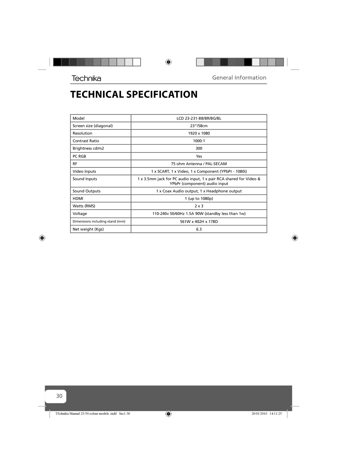 Technika 23-231-BB manual Technical Specification, Pc Rgb 