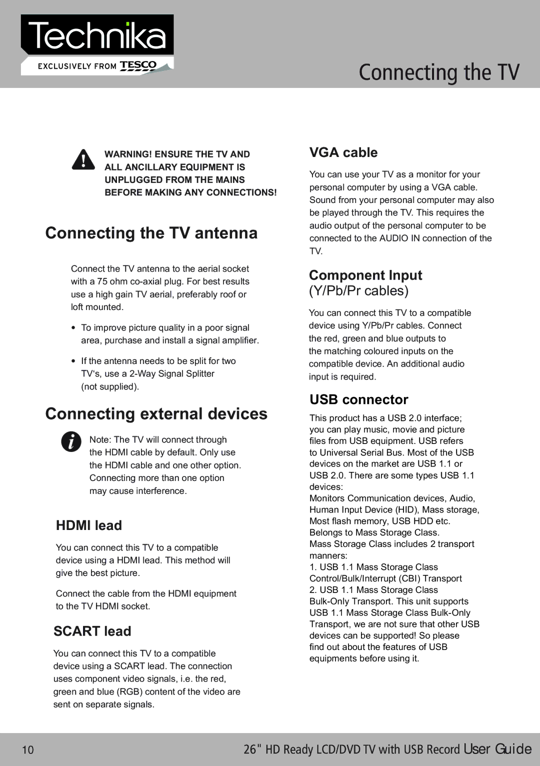 Technika 26-622 manual Connecting the TV 