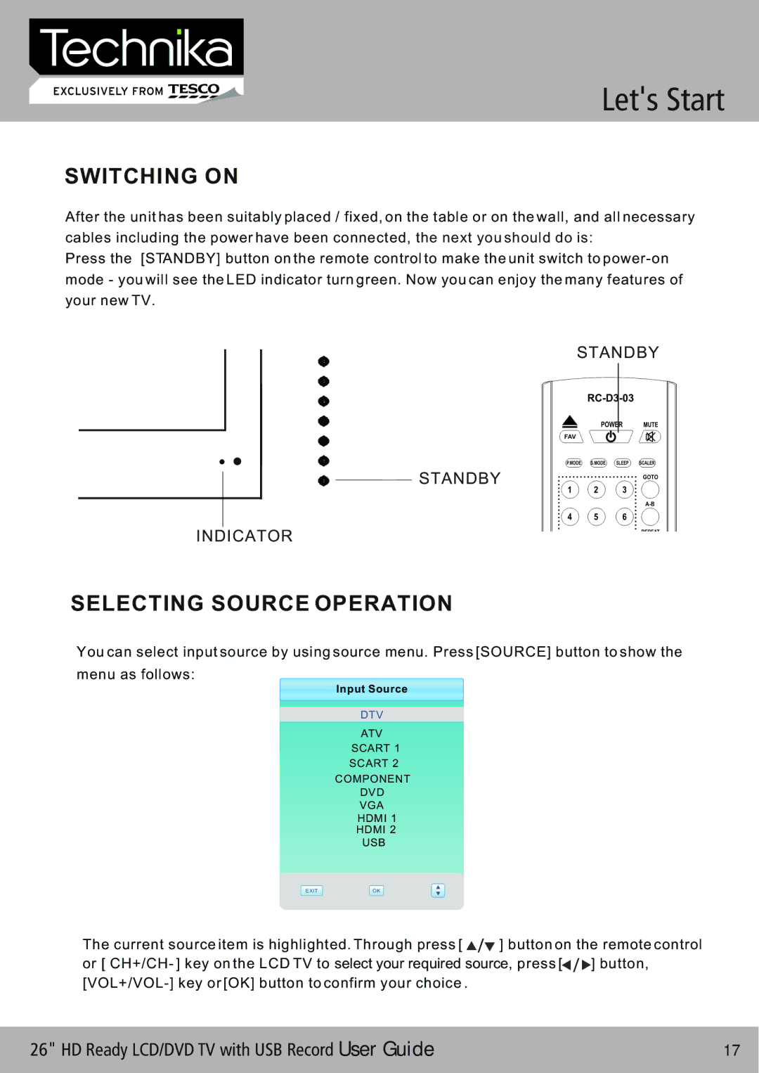 Technika 26-622 manual Lets Start, Switching on, Selecting Source Operation 