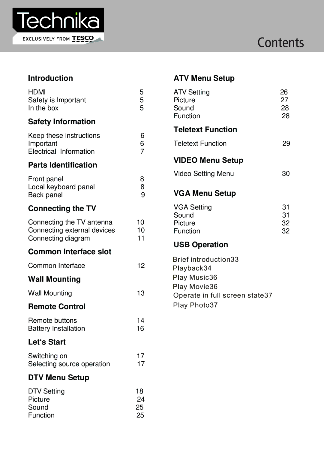 Technika 26-622 manual Contents 