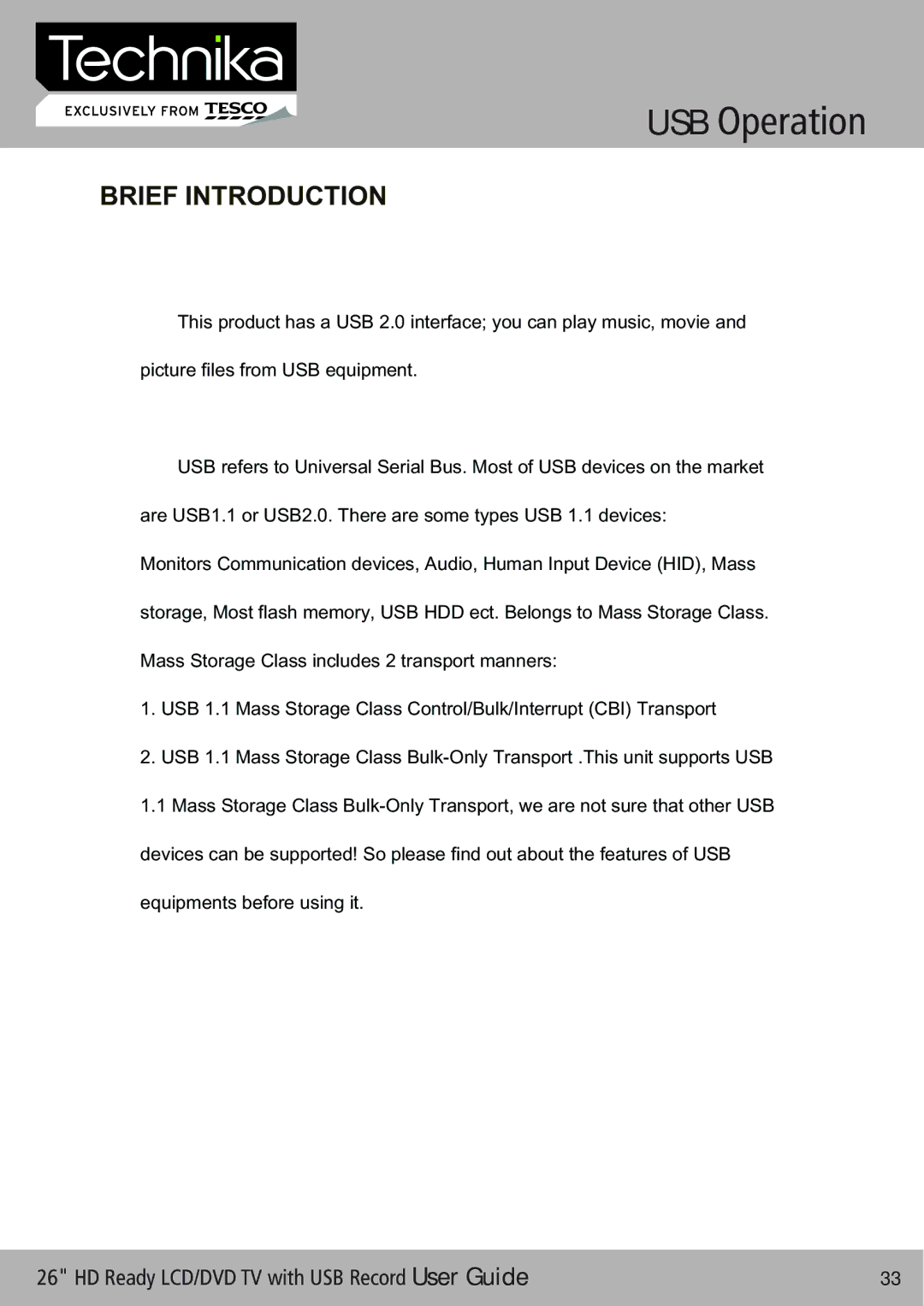 Technika 26-622 manual USB Operation, Brief Introduction 