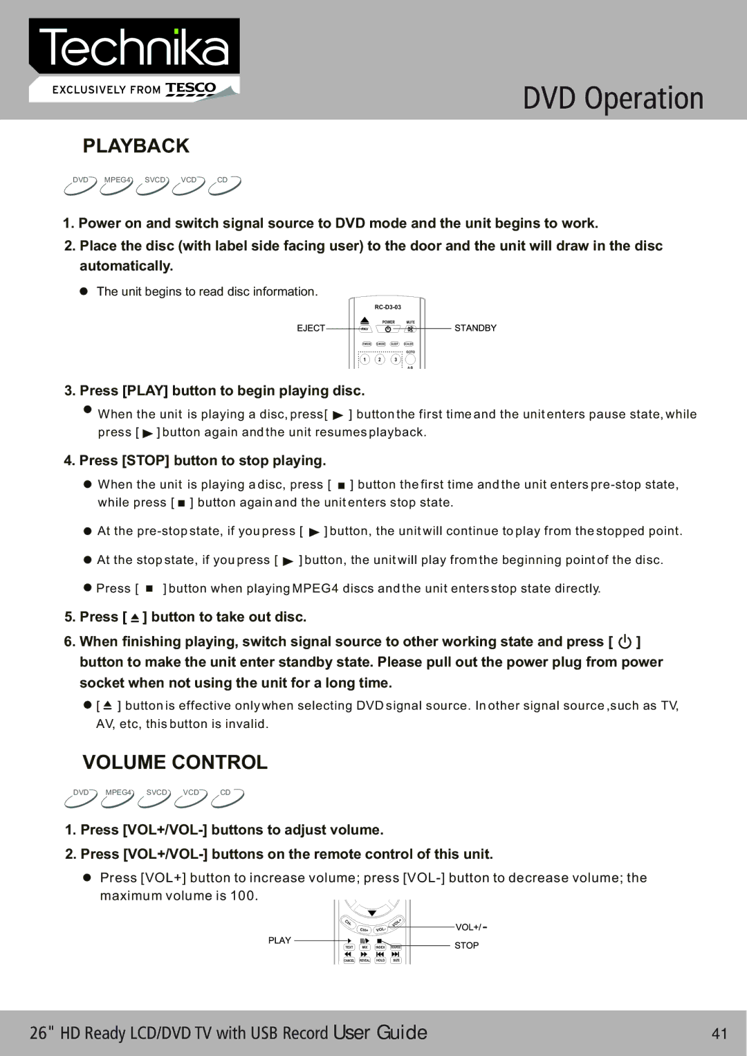 Technika 26-622 manual Playback, Volume Control 