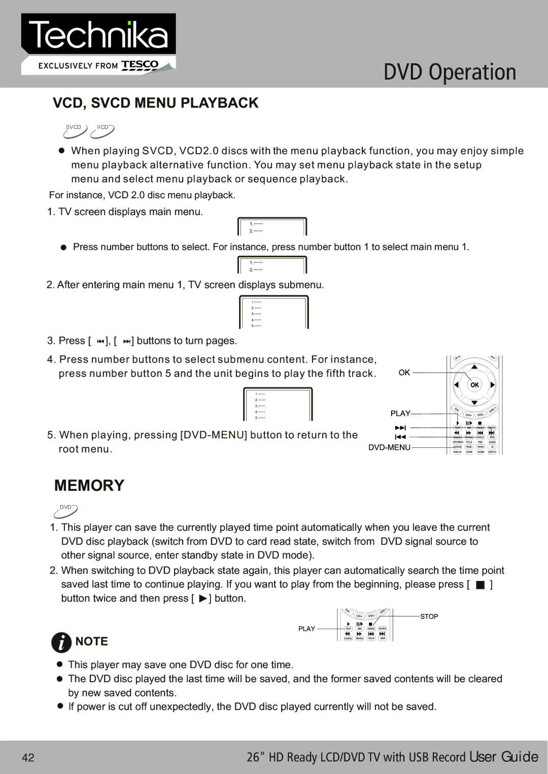 Technika 26-622 manual Memory, VCD, Svcd Menu Playback 