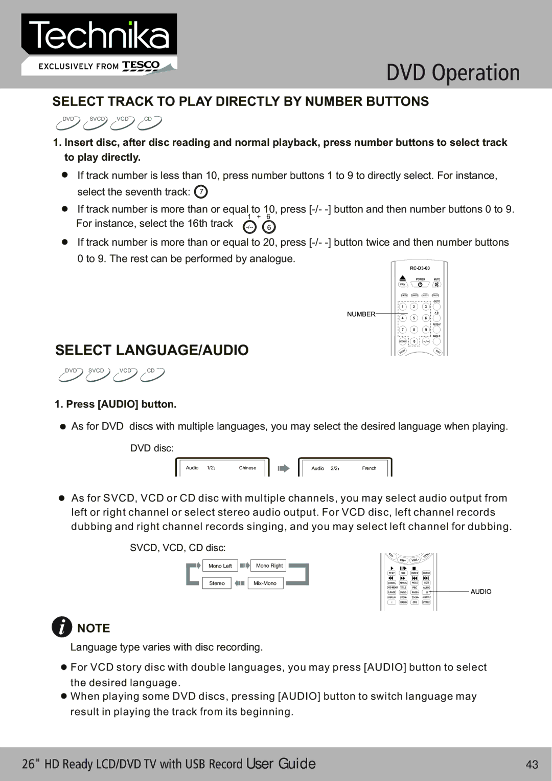 Technika 26-622 manual Select LANGUAGE/AUDIO, Select Track to Play Directly by Number Buttons 