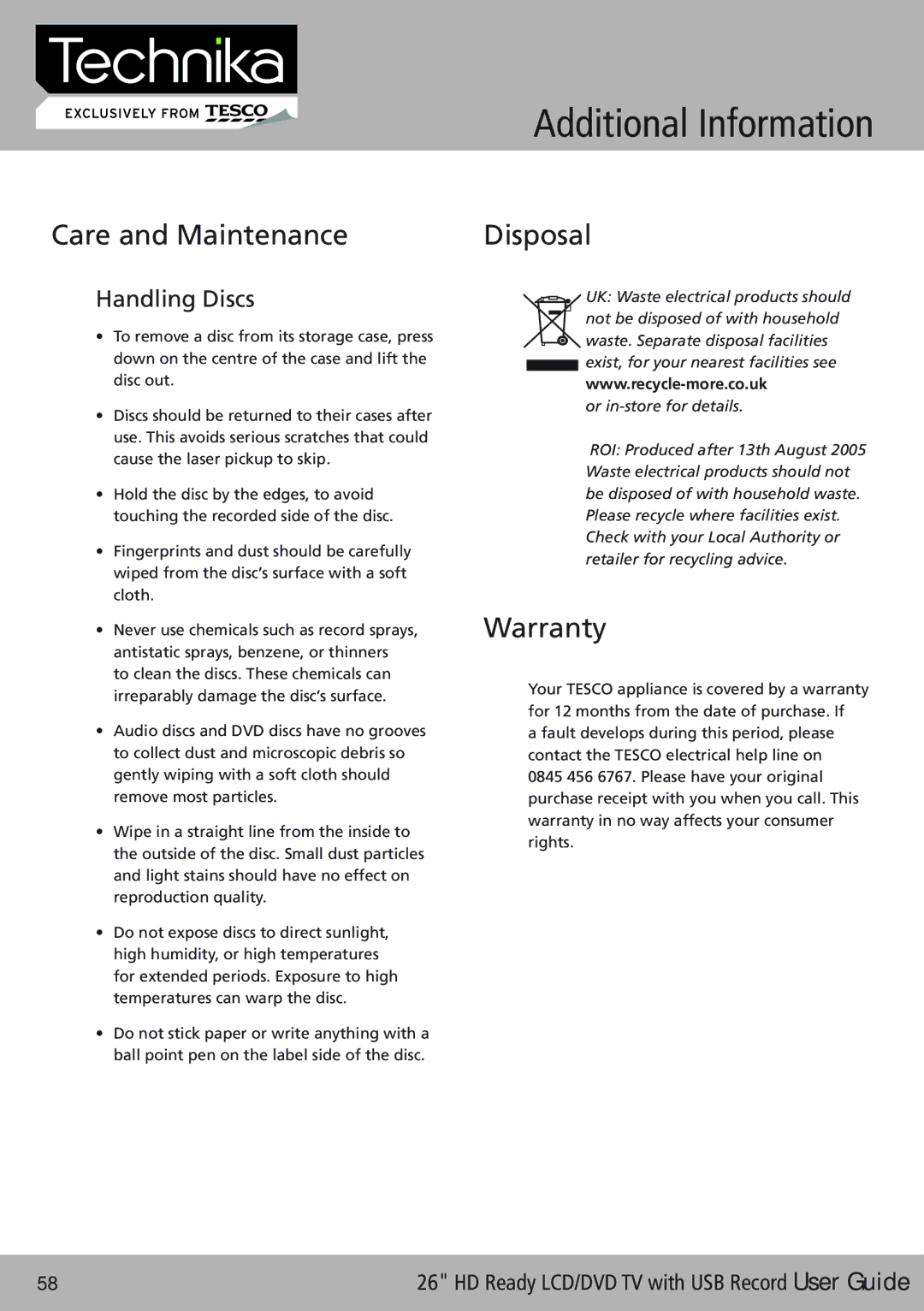 Technika 26-622 manual Additional Information, Care and Maintenance 