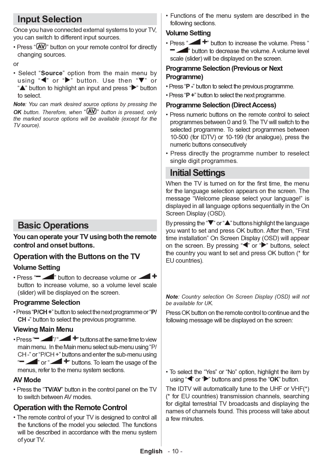 Technika 32-2010 manual Input Selection, Basic Operations, Initial Settings, Operation with the Buttons on the TV 