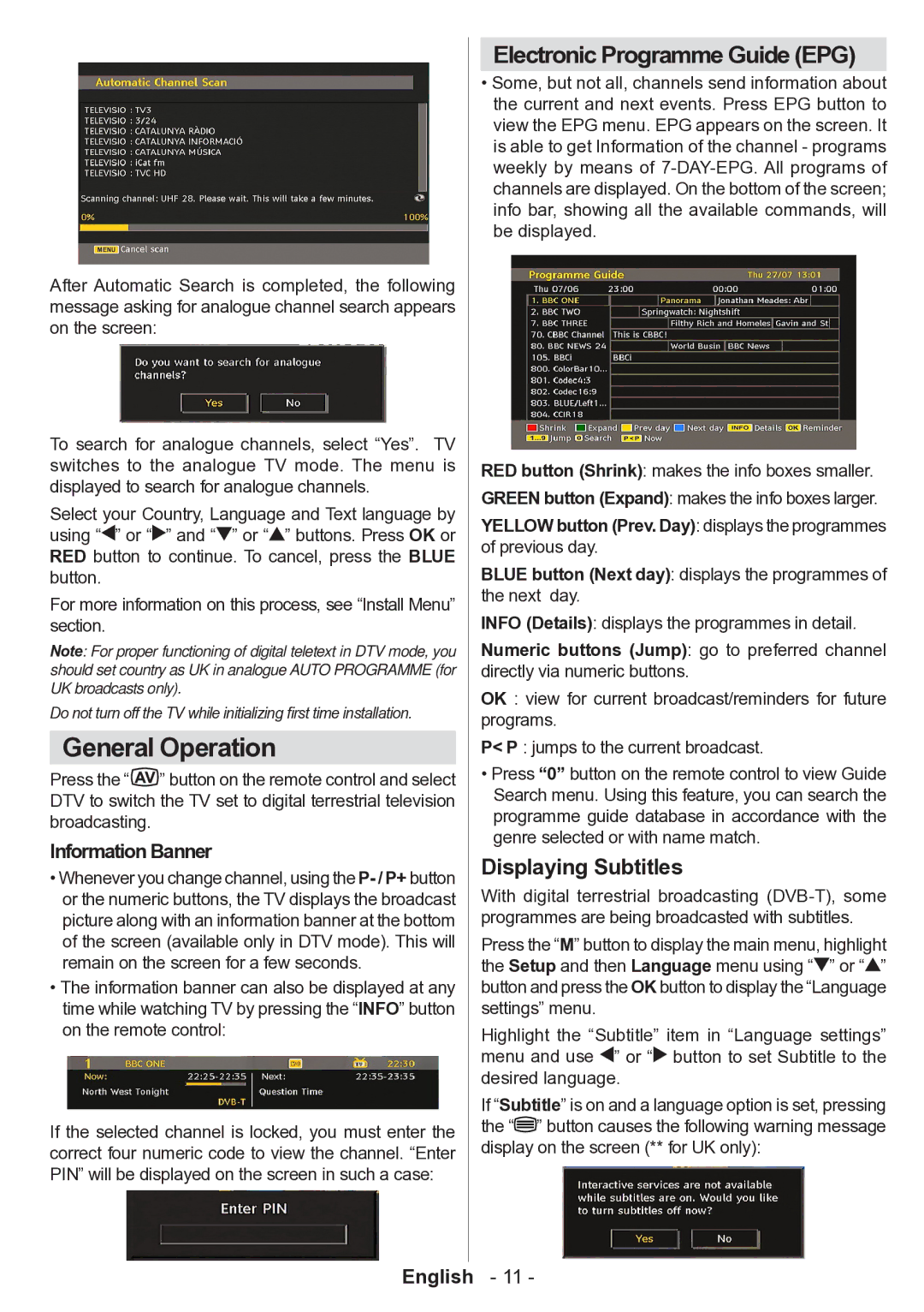 Technika 32-2010 manual General Operation, Displaying Subtitles, Information Banner 