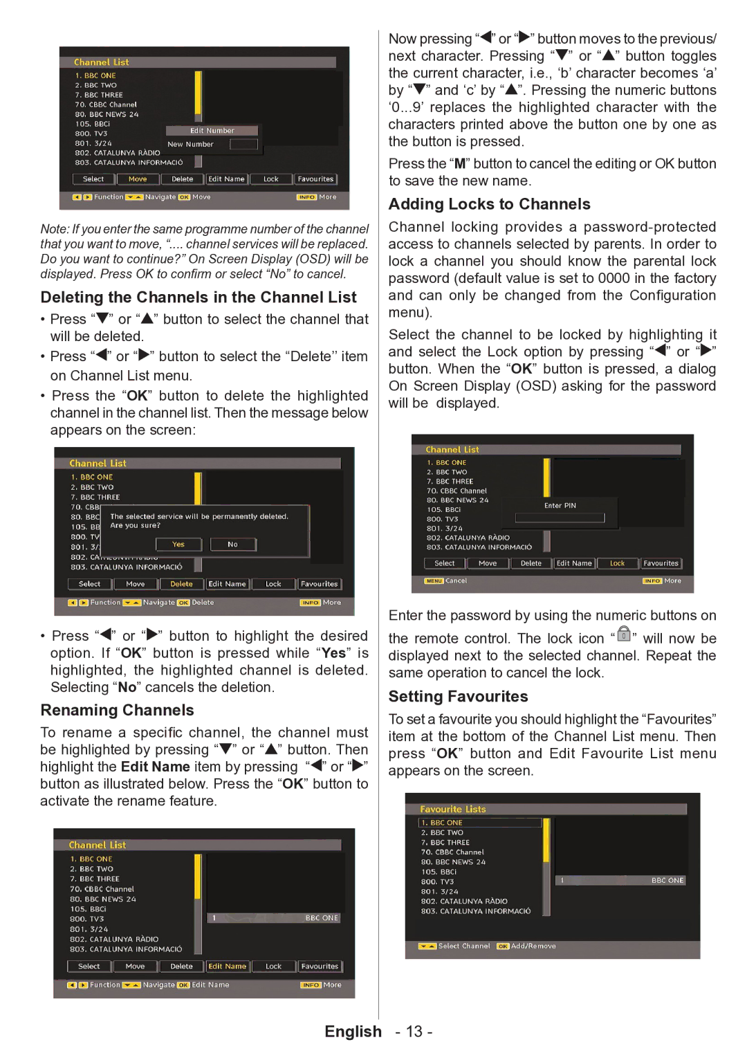 Technika 32-2010 manual Deleting the Channels in the Channel List, Renaming Channels, Adding Locks to Channels 