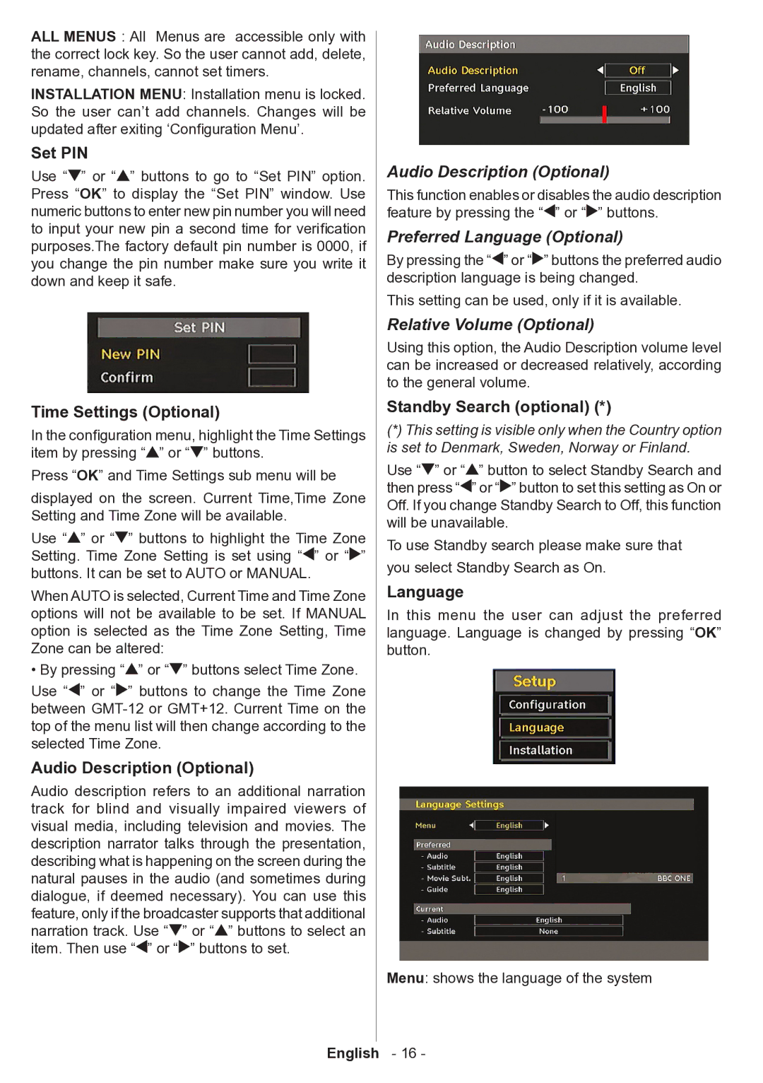 Technika 32-2010 manual Audio Description Optional, Preferred Language Optional, Relative Volume Optional 