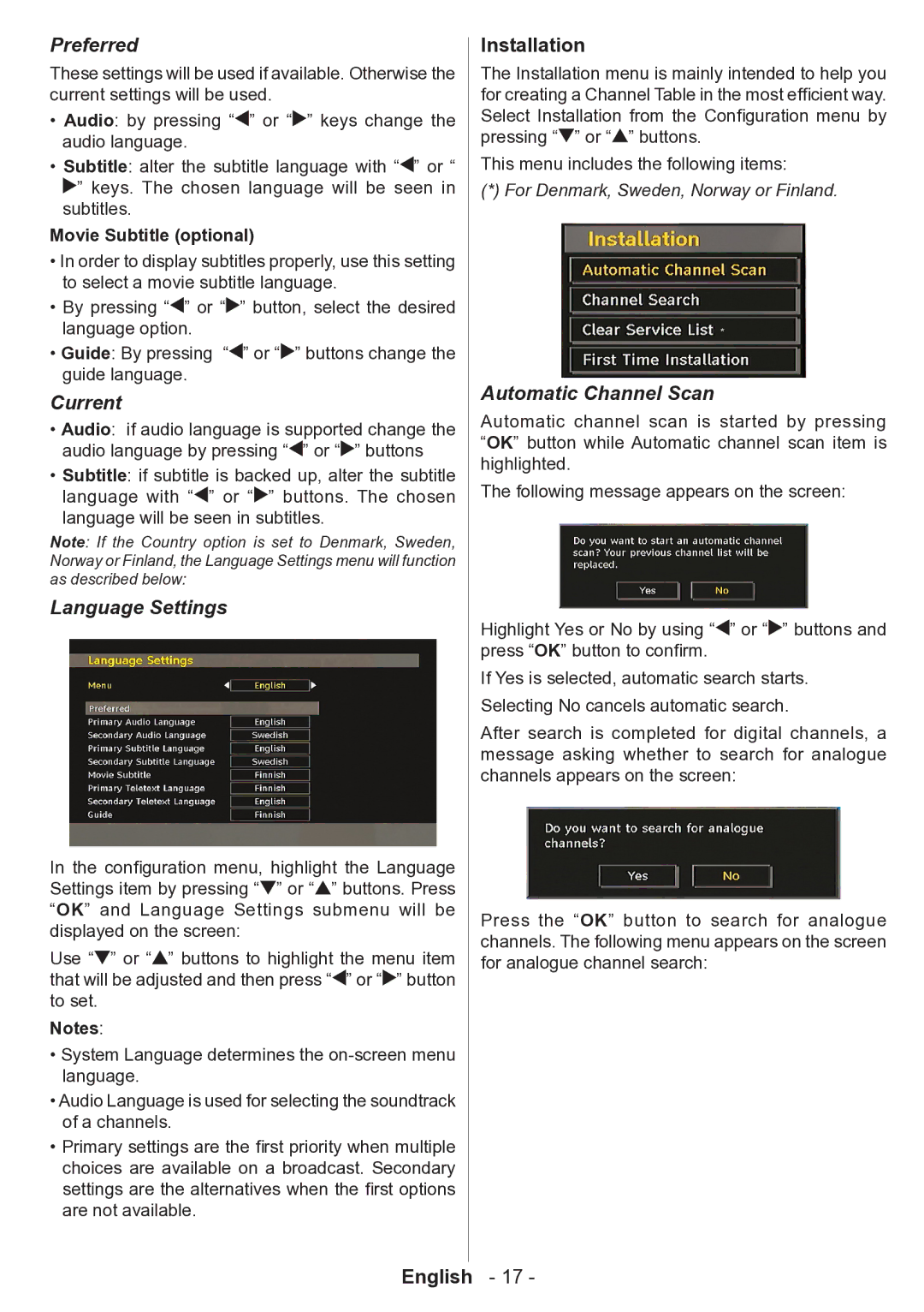 Technika 32-2010 manual Preferred, Current, Language Settings, Installation, Automatic Channel Scan 