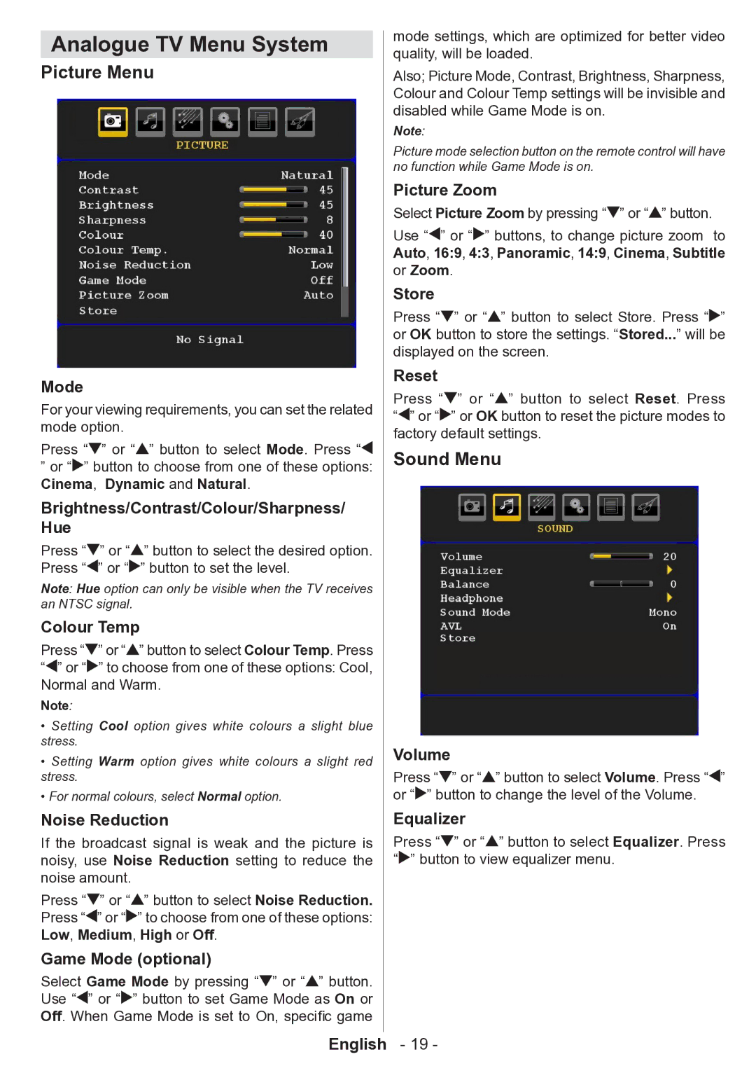 Technika 32-2010 manual Analogue TV Menu System, Picture Menu, Sound Menu 