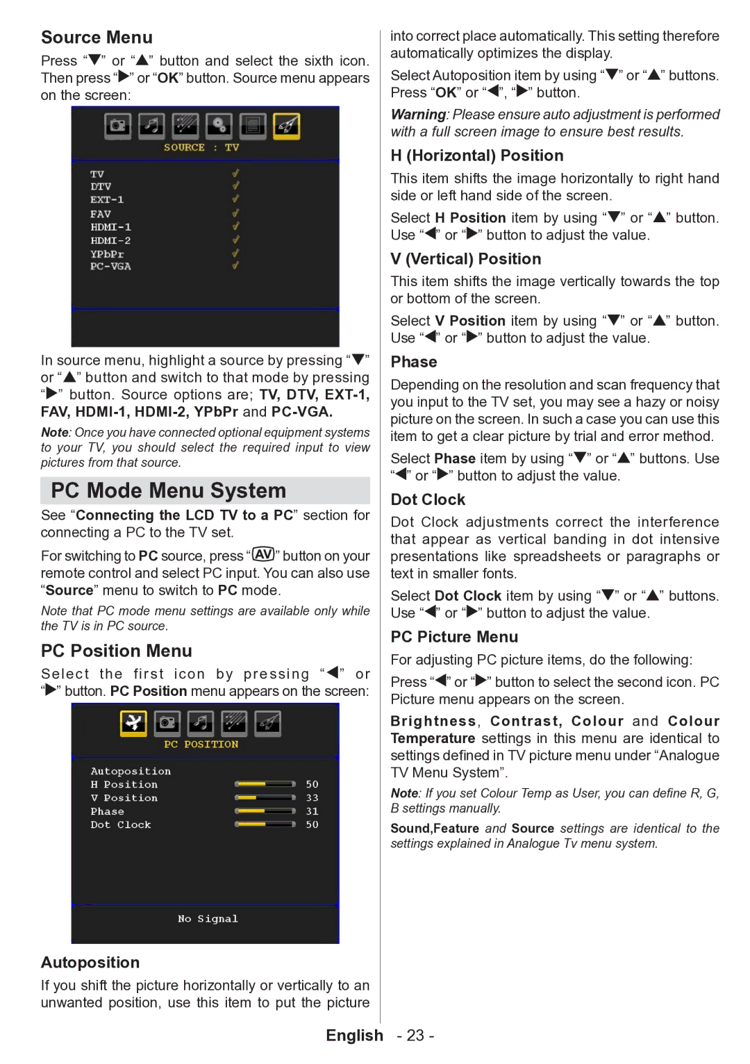 Technika 32-2010 manual PC Mode Menu System, Source Menu, PC Position Menu 