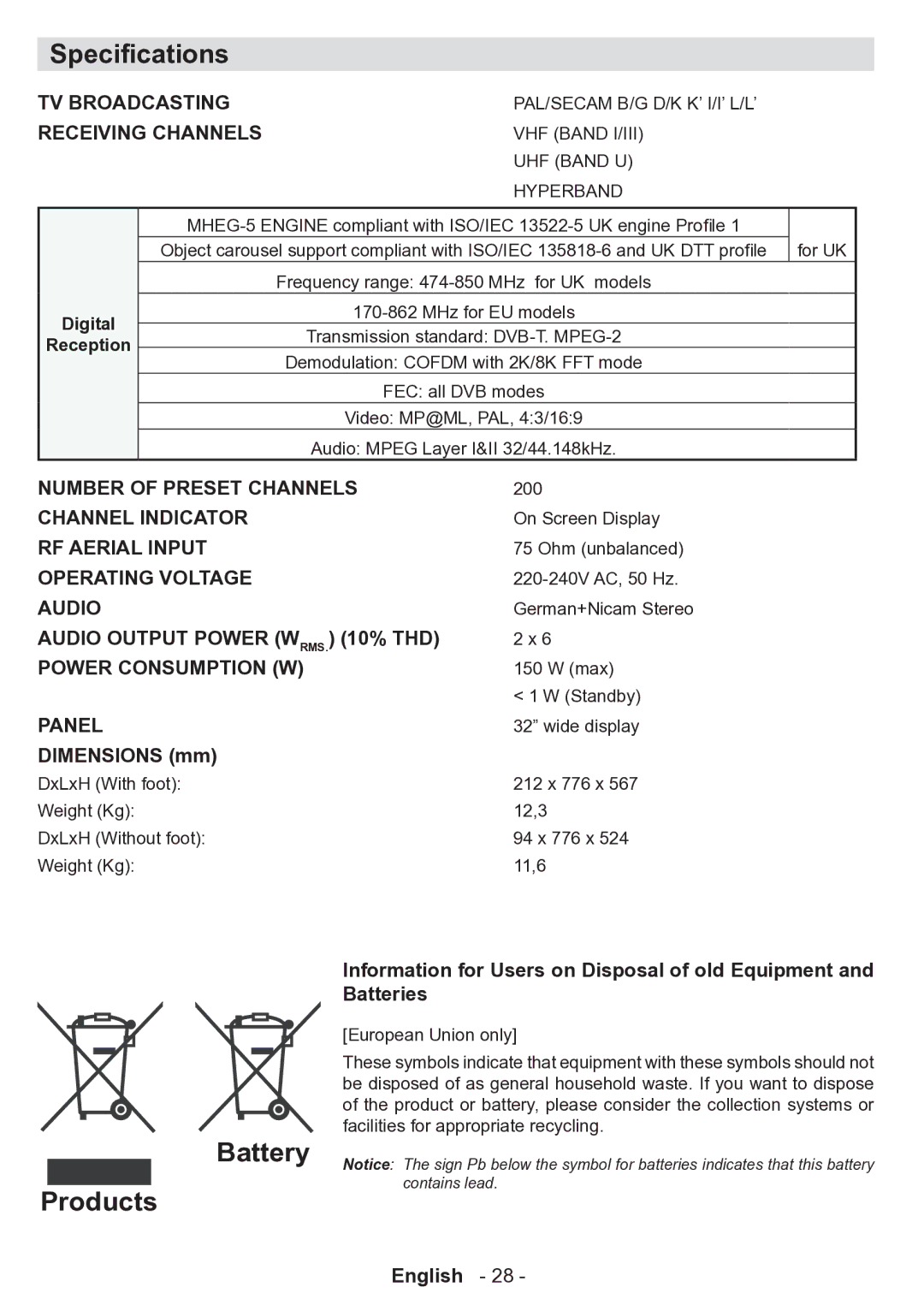 Technika 32-2010 manual Specifications, Battery, Products 