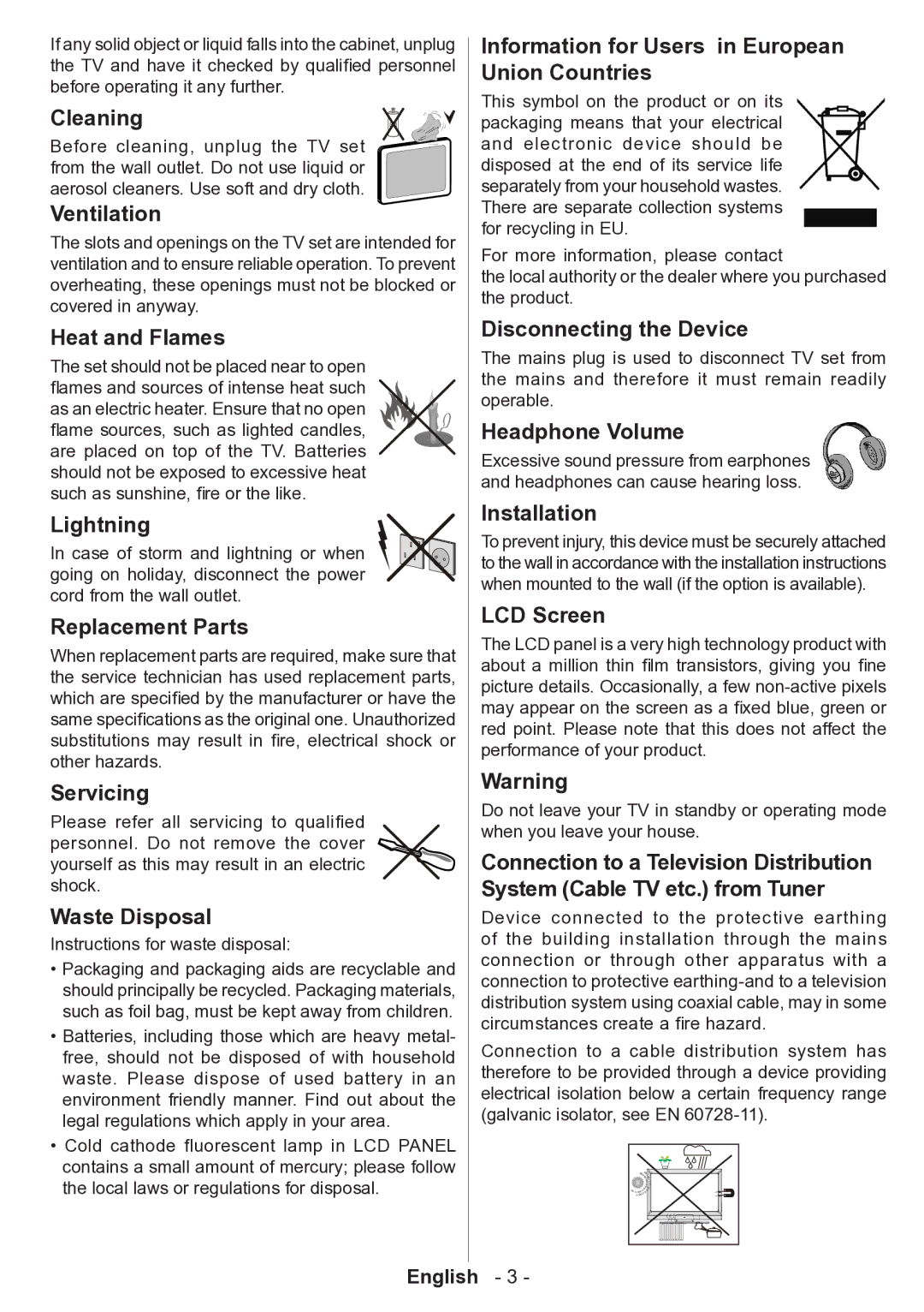 Technika 32-2010 manual Cleaning, Ventilation, Heat and Flames, Lightning, Replacement Parts, Servicing, Waste Disposal 