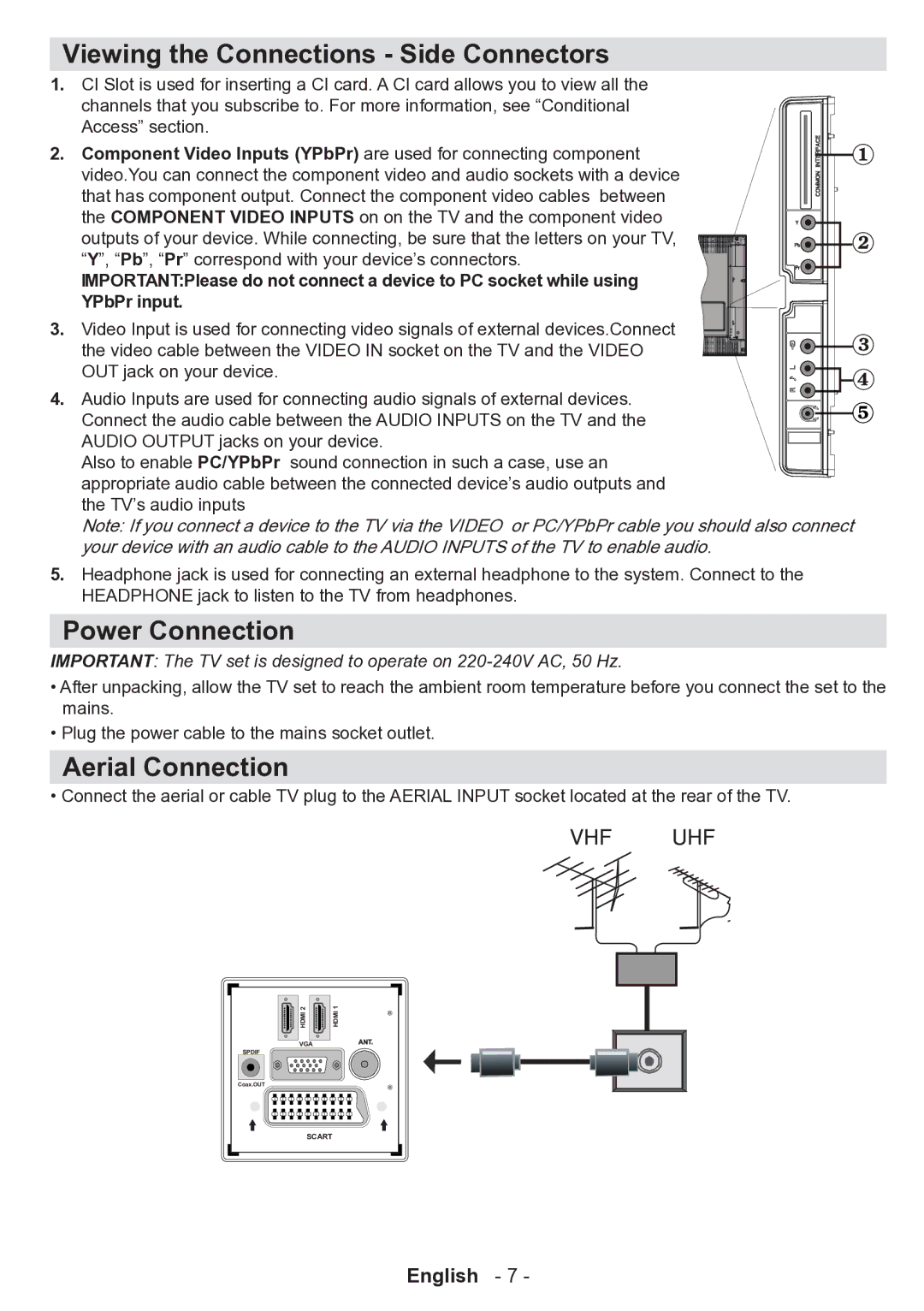 Technika 32-2010 manual Viewing the Connections Side Connectors, Power Connection, Aerial Connection 