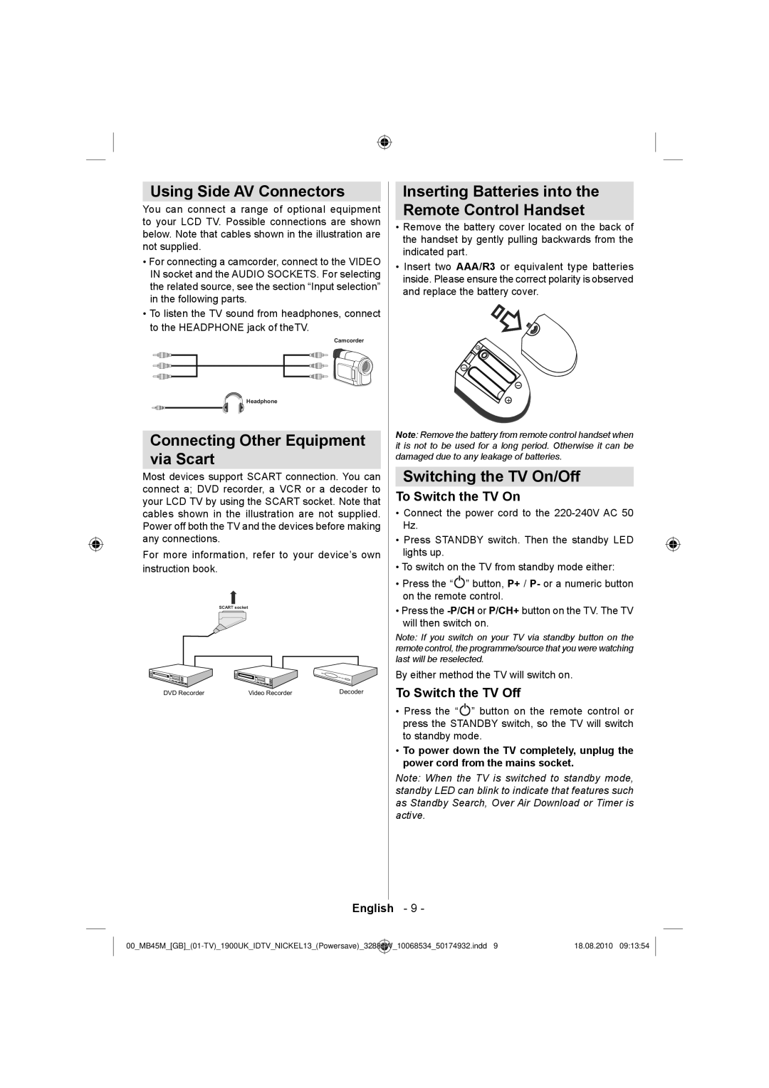 Technika 32-2011 manual Using Side AV Connectors, Connecting Other Equipment Via Scart, Switching the TV On/Off 