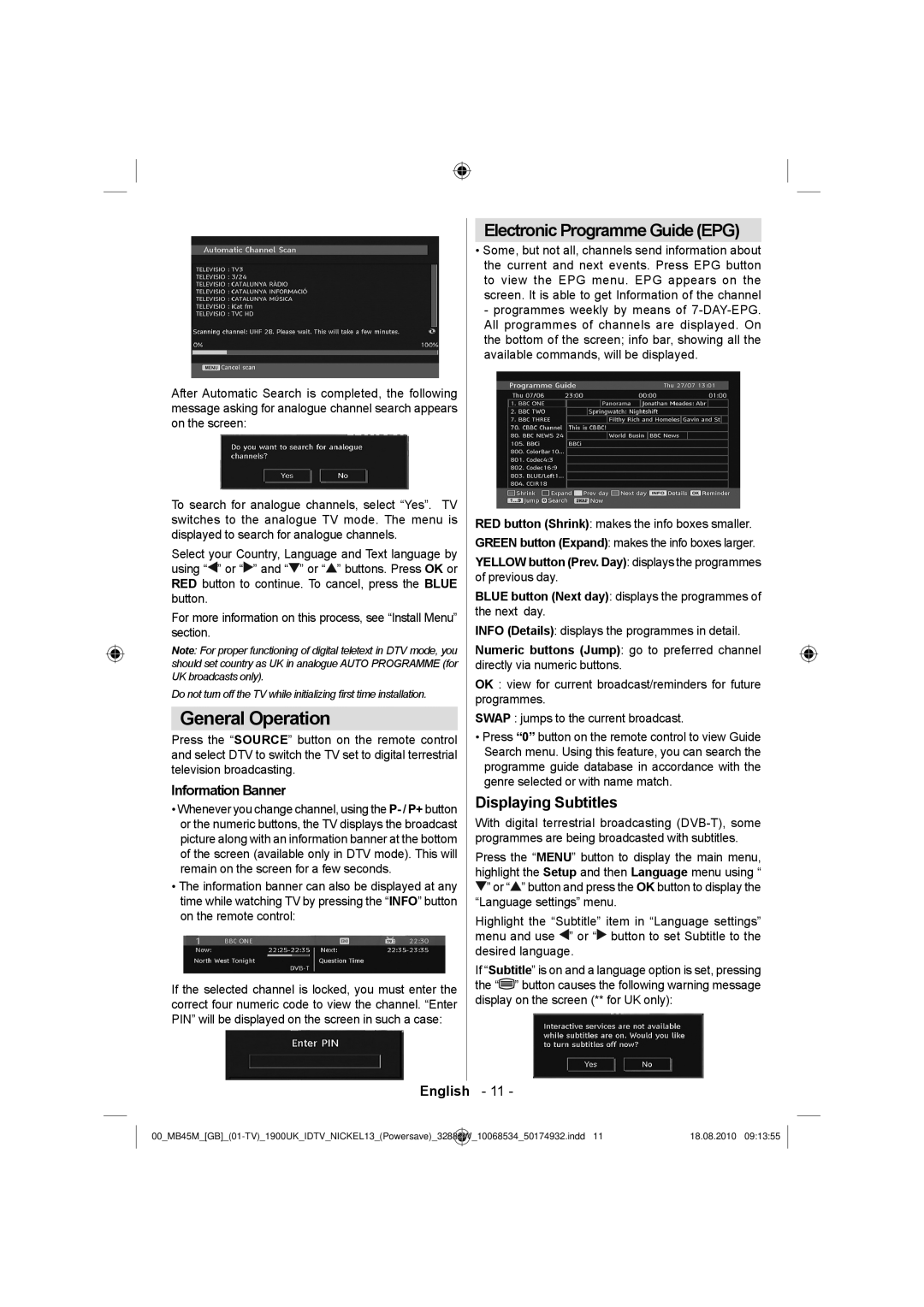 Technika 32-2011 manual General Operation, Displaying Subtitles, Information Banner 