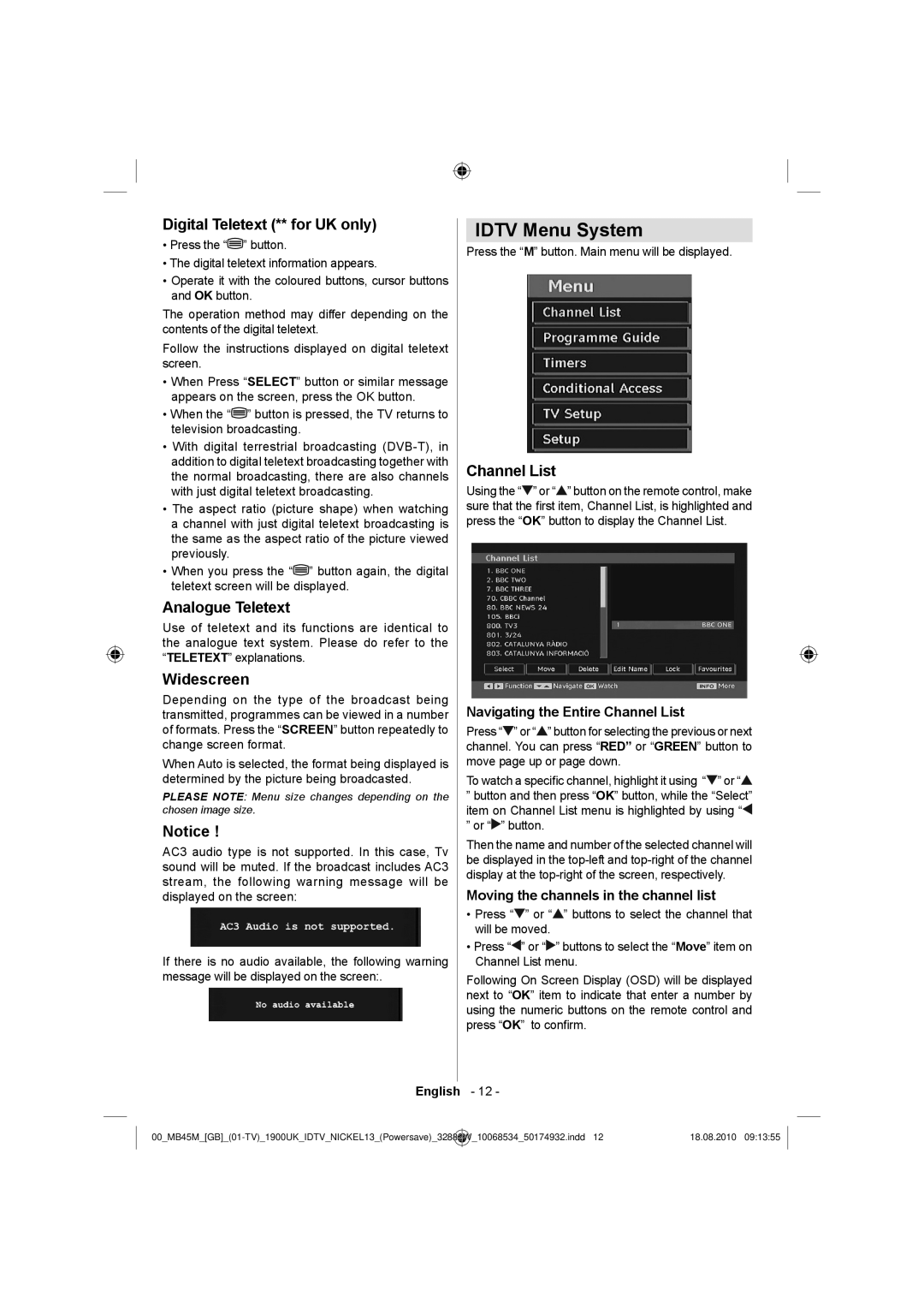 Technika 32-2011 manual Idtv Menu System, Digital Teletext ** for UK only, Analogue Teletext, Widescreen, Channel List 