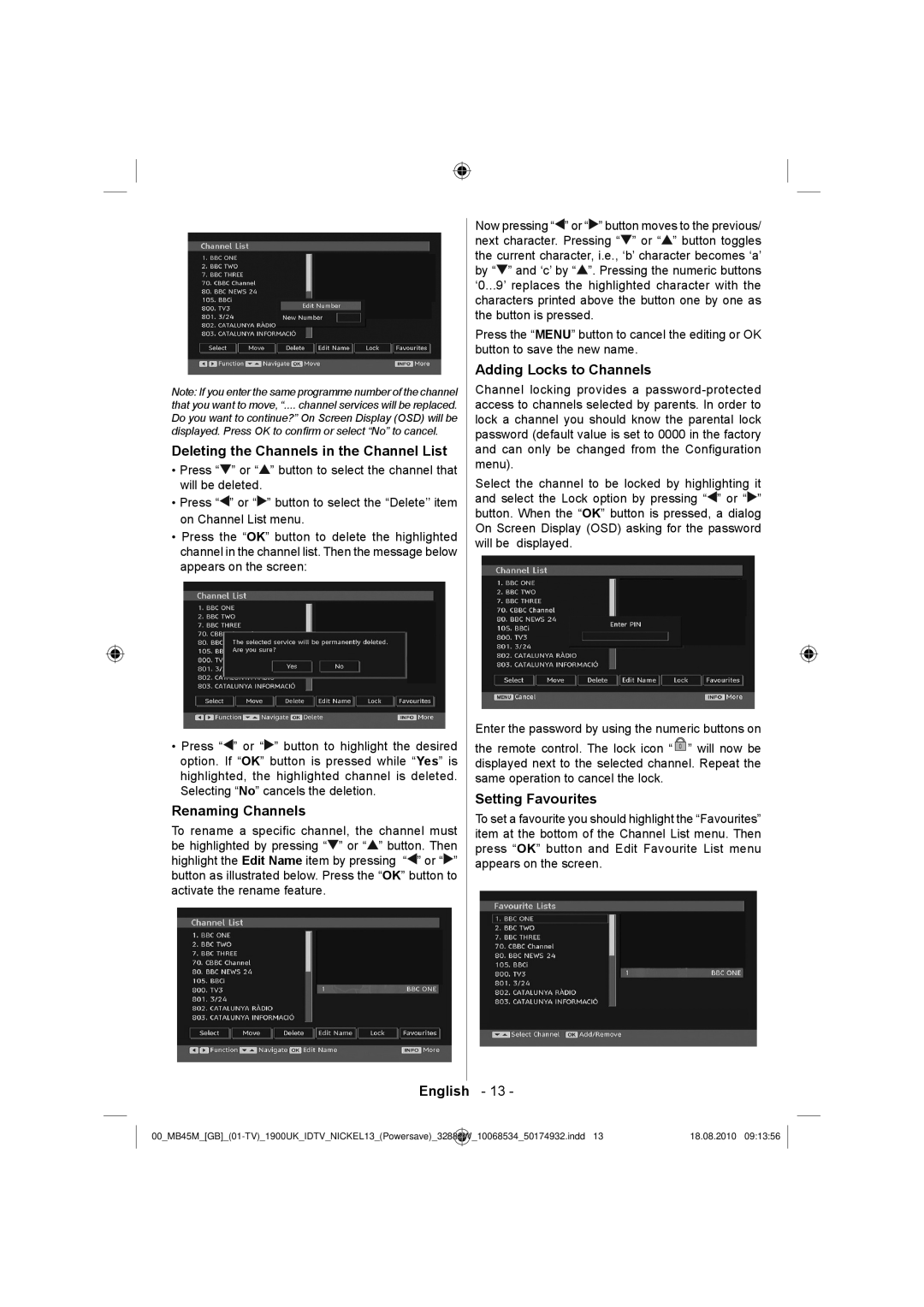 Technika 32-2011 manual Deleting the Channels in the Channel List, Renaming Channels, Adding Locks to Channels 