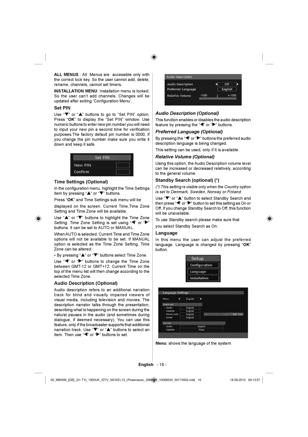 Technika 32-2011 manual Audio Description Optional, Preferred Language Optional, Relative Volume Optional 