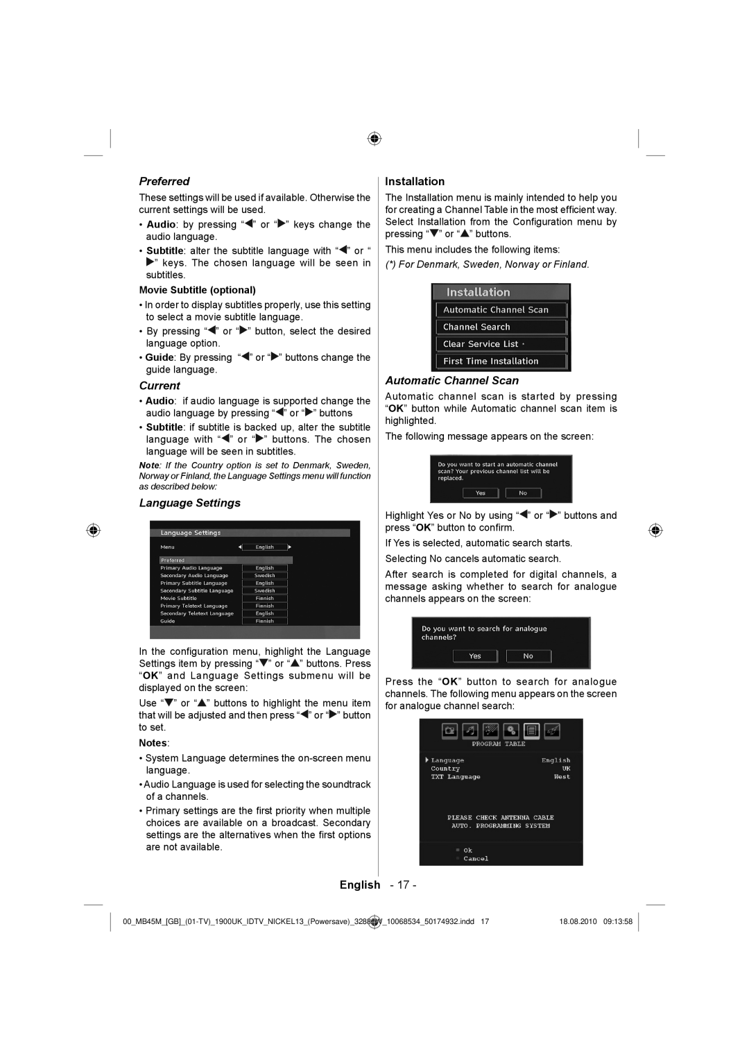 Technika 32-2011 manual Preferred, Current, Language Settings, Installation, Automatic Channel Scan 