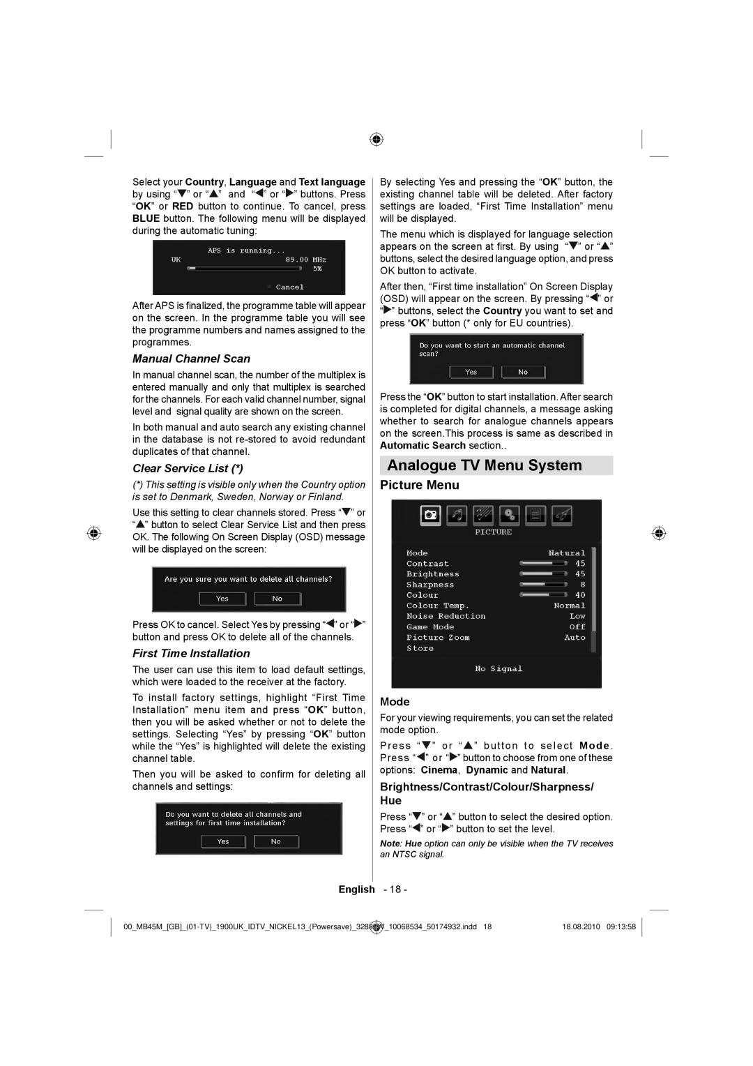 Technika 32-2011 Analogue TV Menu System, Picture Menu, Manual Channel Scan, Clear Service List, First Time Installation 