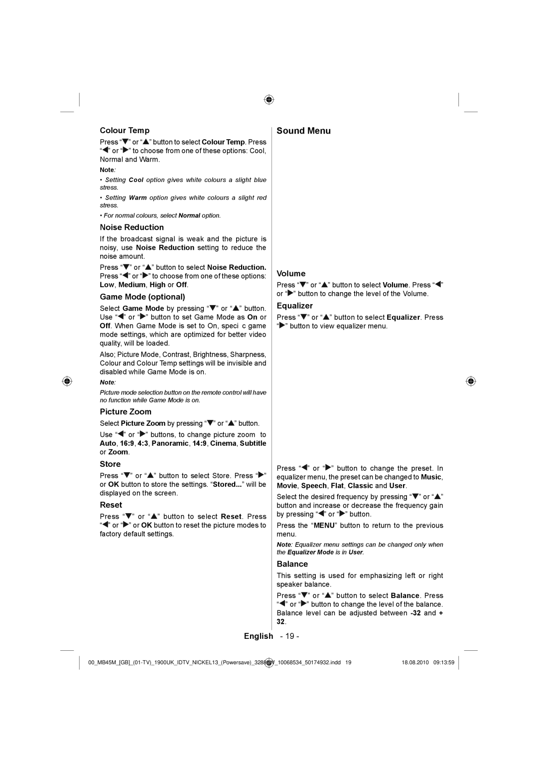 Technika 32-2011 manual Sound Menu 