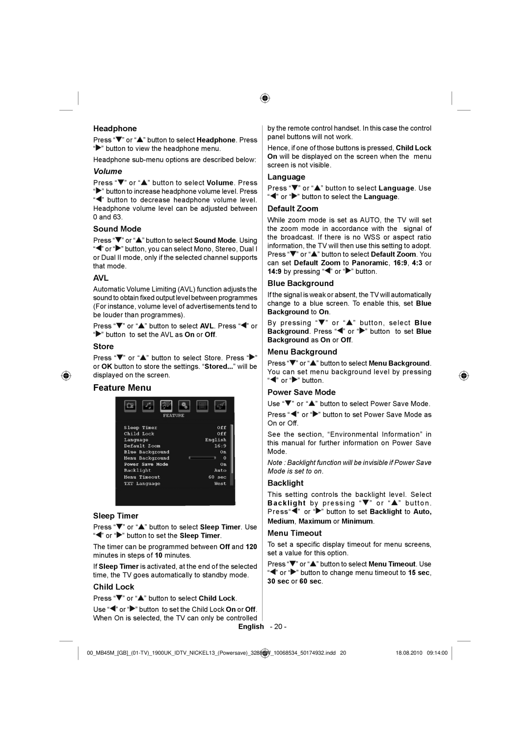 Technika 32-2011 manual Feature Menu, Volume 