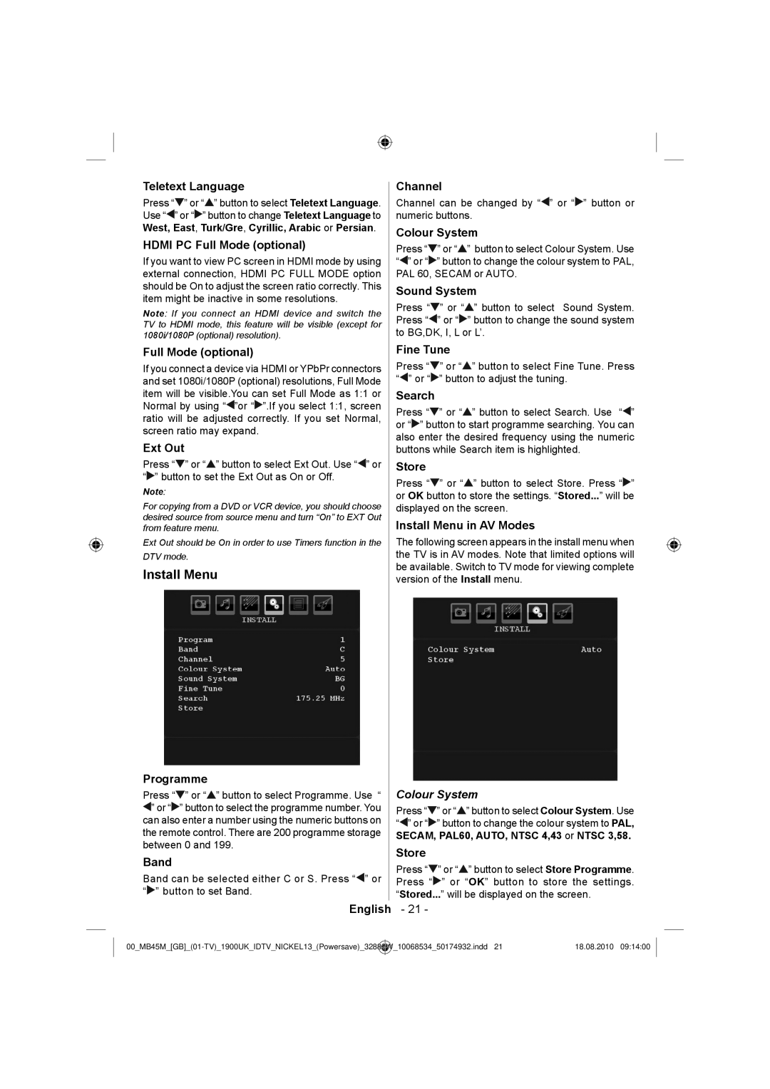 Technika 32-2011 manual Install Menu, Colour System 