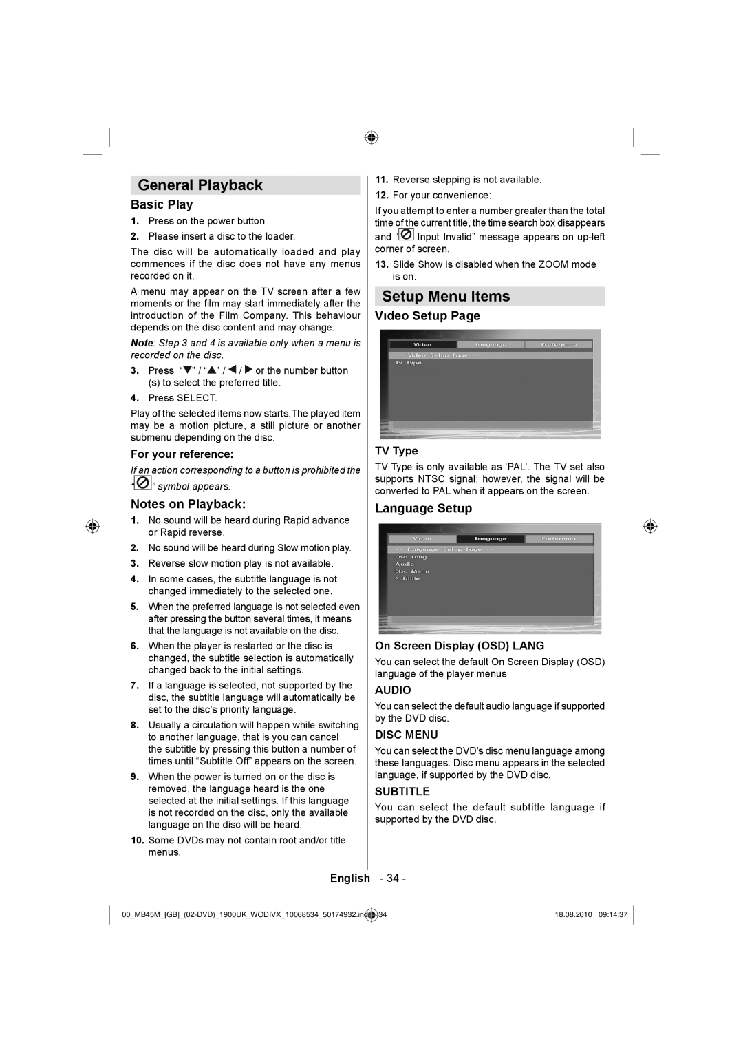 Technika 32-2011 manual General Playback, Setup Menu Items, Basic Play, Vıdeo Setup, Language Setup 