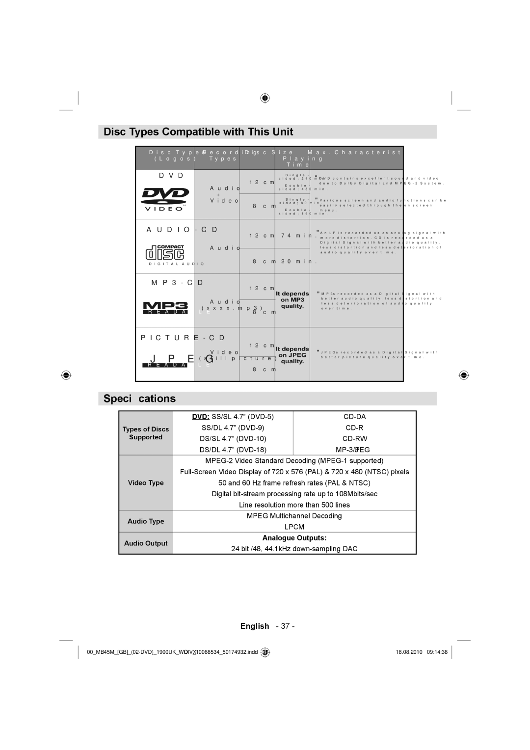 Technika 32-2011 Disc Types Compatible with This Unit, Speciﬁcations, DVD SS/SL 4.7 DVD-5, Mpeg Multichannel Decoding 